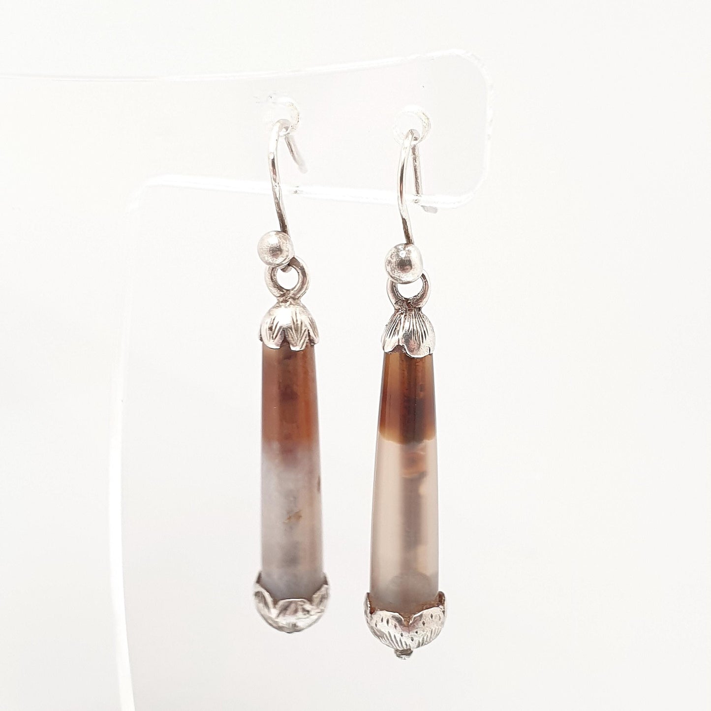 Antique Victorian Solid Silver Agate Earrings Teardrop Conical Genuine Quartz Vintage Hook Dangle Drop Jewelry Jewellery