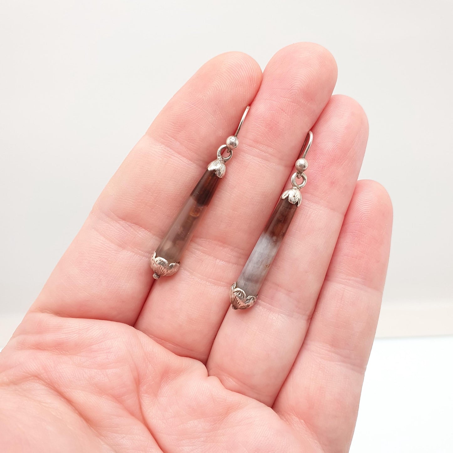 Antique Victorian Solid Silver Agate Earrings Teardrop Conical Genuine Quartz Vintage Hook Dangle Drop Jewelry Jewellery