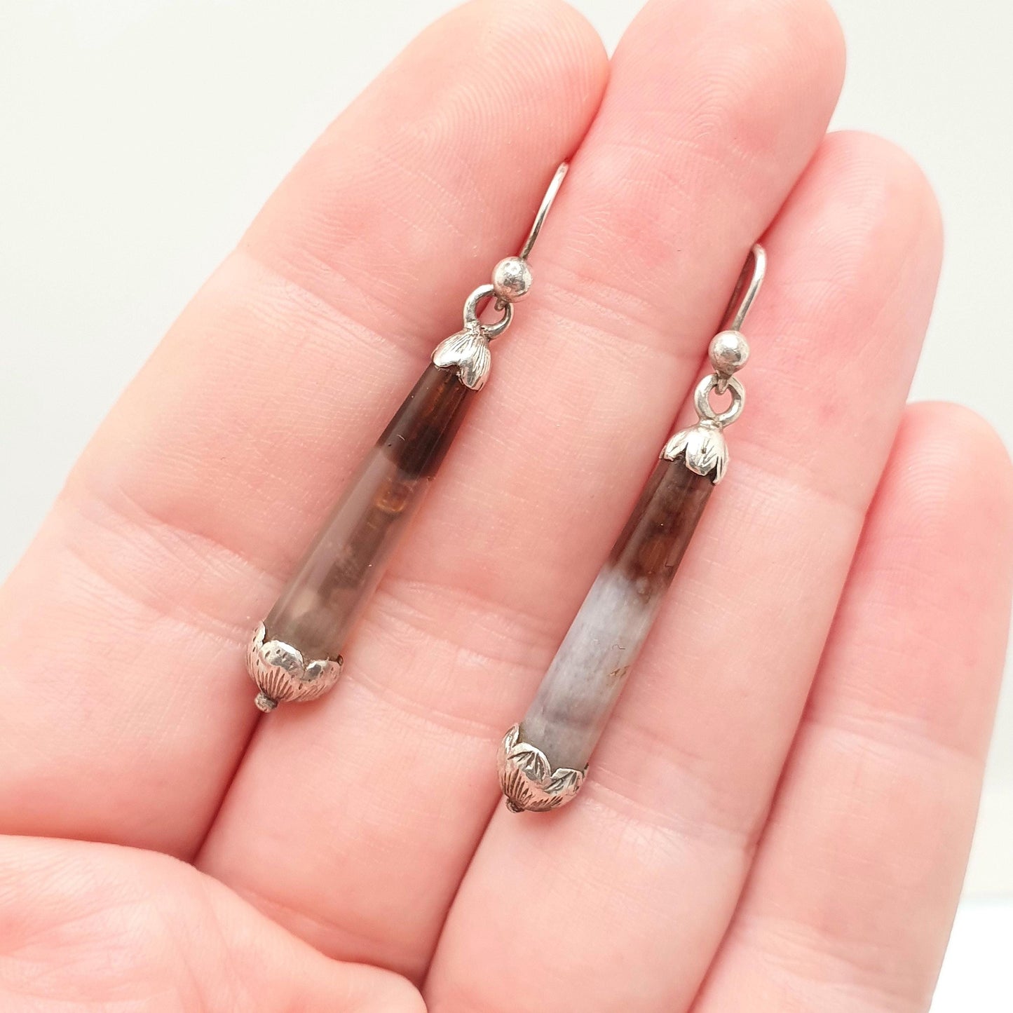 Antique Victorian Solid Silver Agate Earrings Teardrop Conical Genuine Quartz Vintage Hook Dangle Drop Jewelry Jewellery