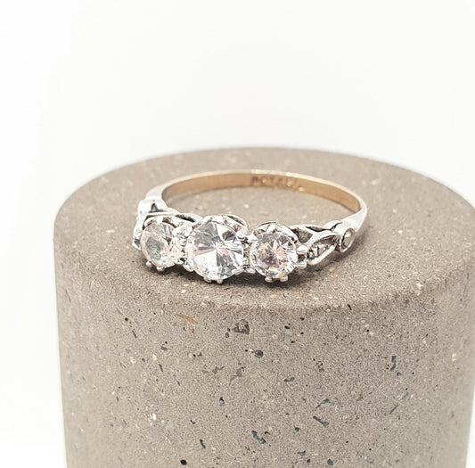 Antique 9ct Gold White Spinel Ring Sterling Silver Setting Solid 9k 375 Trilogy Three Gemstone Diamond Style Womens Jewelry Jewellery