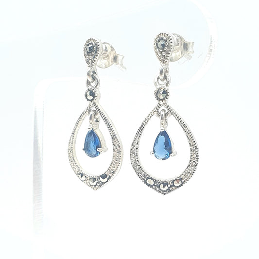 Vintage Sterling Silver Sapphire Paste & Marcasite Earrings Art Deco Style Hanging Stud Sparkly Gemstone Ladies Jewelry Retro Jewellery