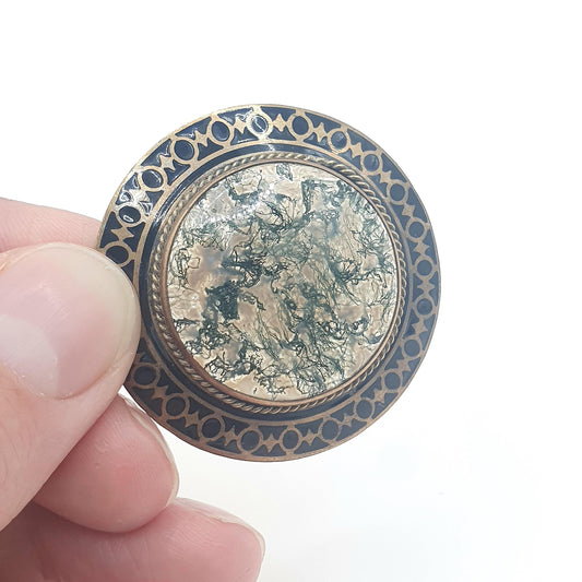 Antique Victorian Moss Agate Black Enamel Brooch Veined Quartz Gemstone Gold Tone Base Metal Veined Ladies Womens Jewelry Jewellery