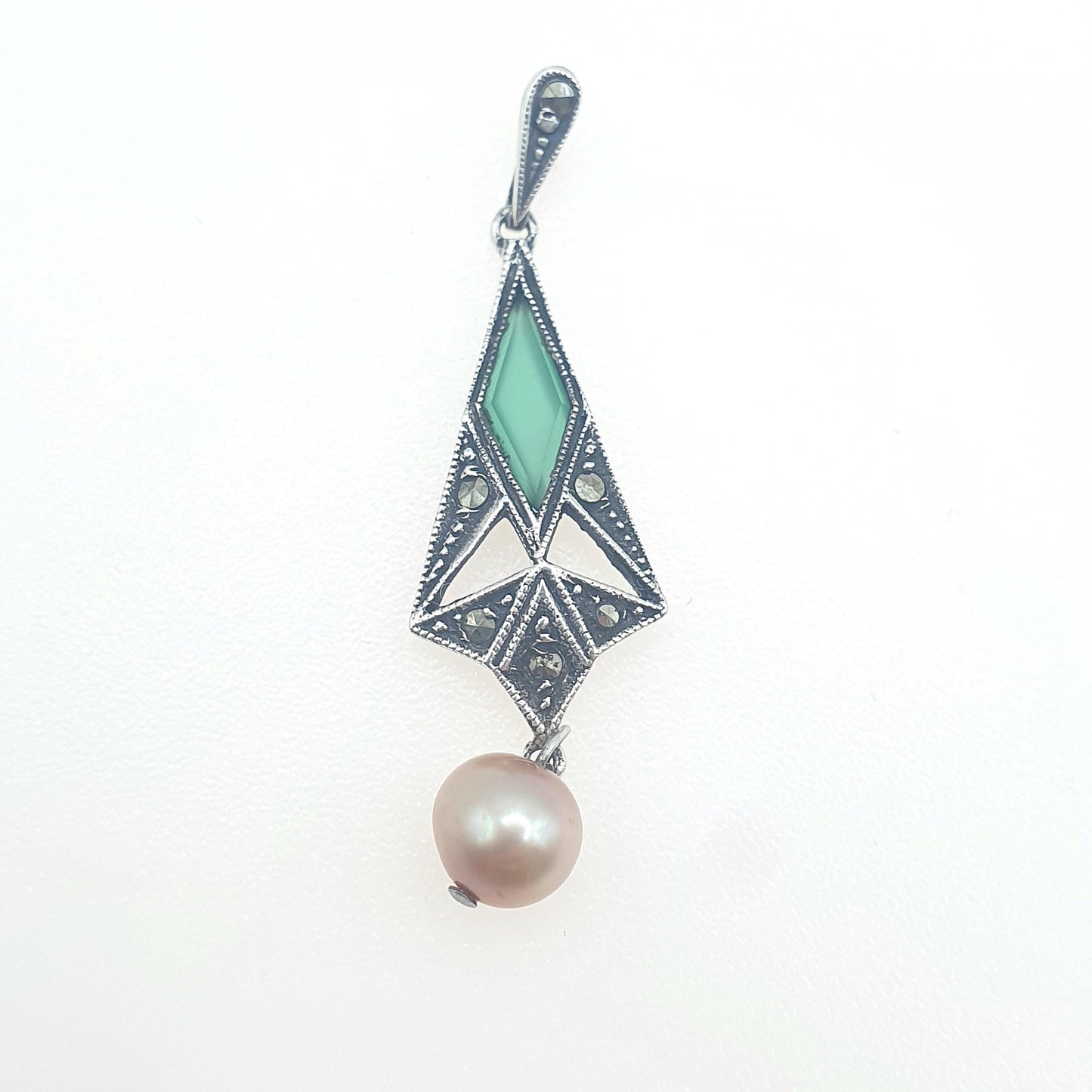 Antique Art Deco Sterling Silver Chrysoprase Cultured Pearl Pendant Marcasite Kite Cut Green Gemstone Womens Ladies Jewelry Jewellery