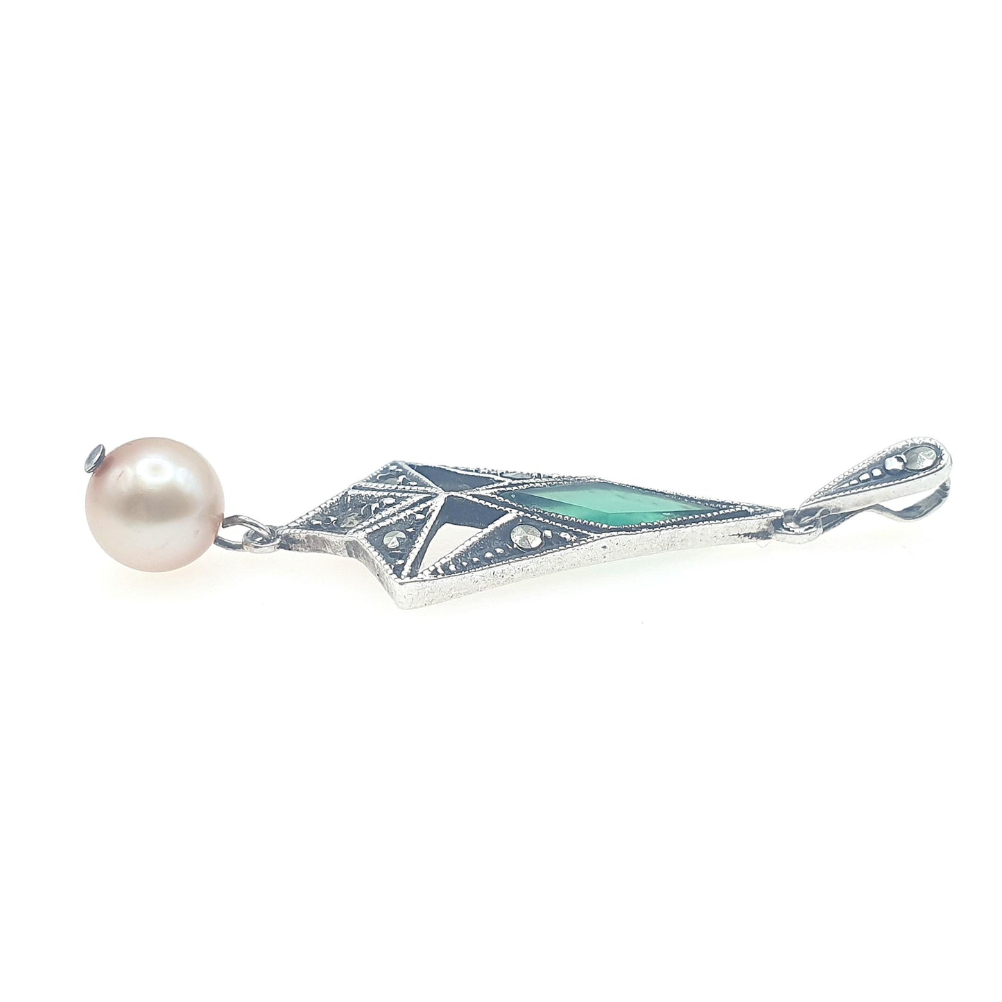 Antique Art Deco Sterling Silver Chrysoprase Cultured Pearl Pendant Marcasite Kite Cut Green Gemstone Womens Ladies Jewelry Jewellery