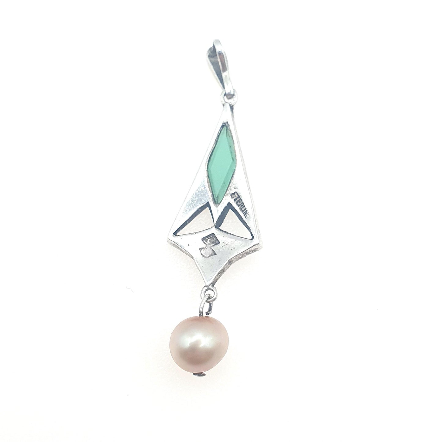 Antique Art Deco Sterling Silver Chrysoprase Cultured Pearl Pendant Marcasite Kite Cut Green Gemstone Womens Ladies Jewelry Jewellery