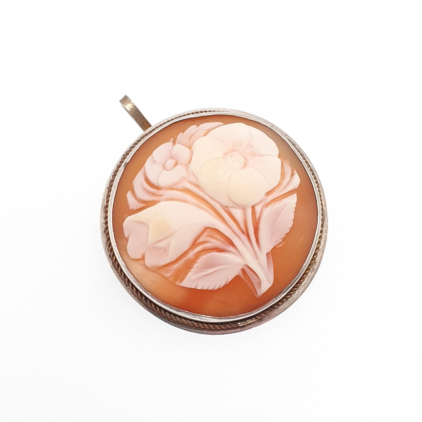 Old Vintage Flower Cameo Sterling Silver Pendant Brooch Necklace Hand Carved Shell High Relief Rare Unique Italian Jewelry Womens Jewellery