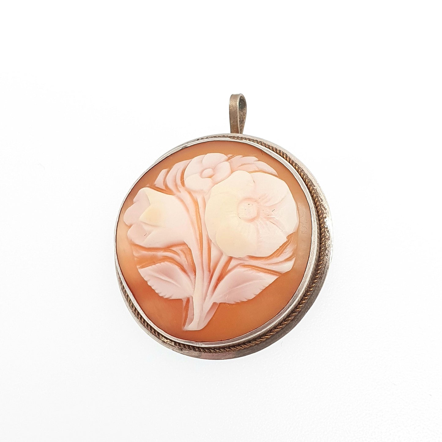 Old Vintage Flower Cameo Sterling Silver Pendant Brooch Necklace Hand Carved Shell High Relief Rare Unique Italian Jewelry Womens Jewellery