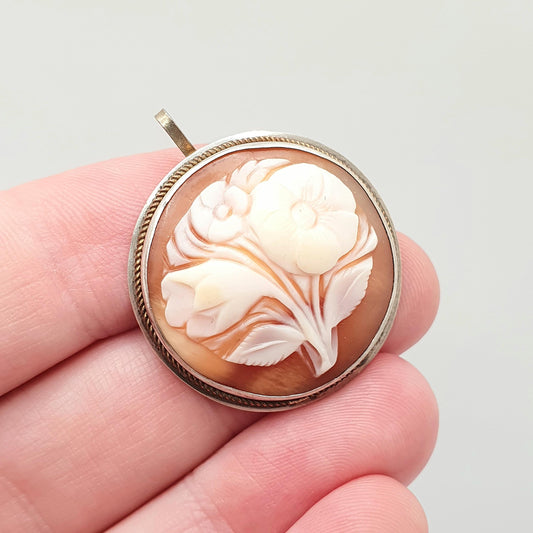 Old Vintage Flower Cameo Sterling Silver Pendant Brooch Necklace Hand Carved Shell High Relief Rare Unique Italian Jewelry Womens Jewellery