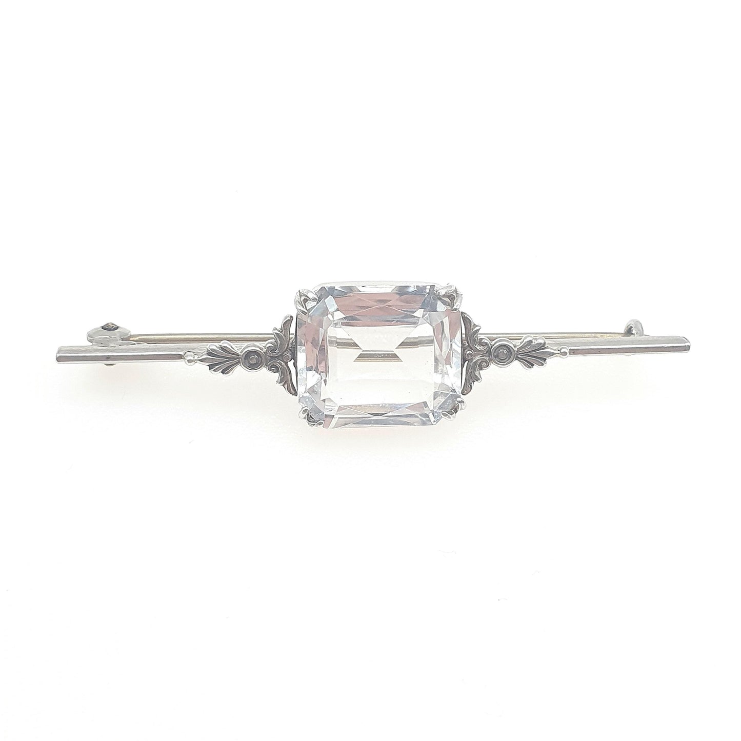 Antique Sterling Silver Rock Crystal Brooch Art Deco White Quartz Rectangular Cut Womens Ladies Unisex Jewelry Jewellery Vintage