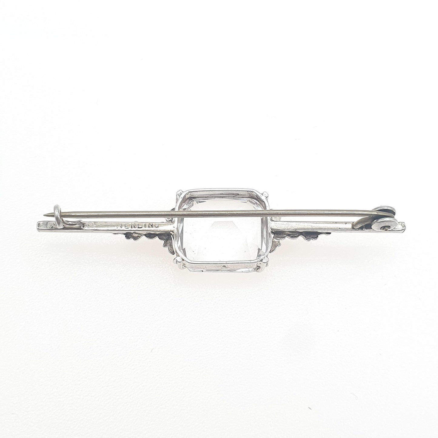 Antique Sterling Silver Rock Crystal Brooch Art Deco White Quartz Rectangular Cut Womens Ladies Unisex Jewelry Jewellery Vintage