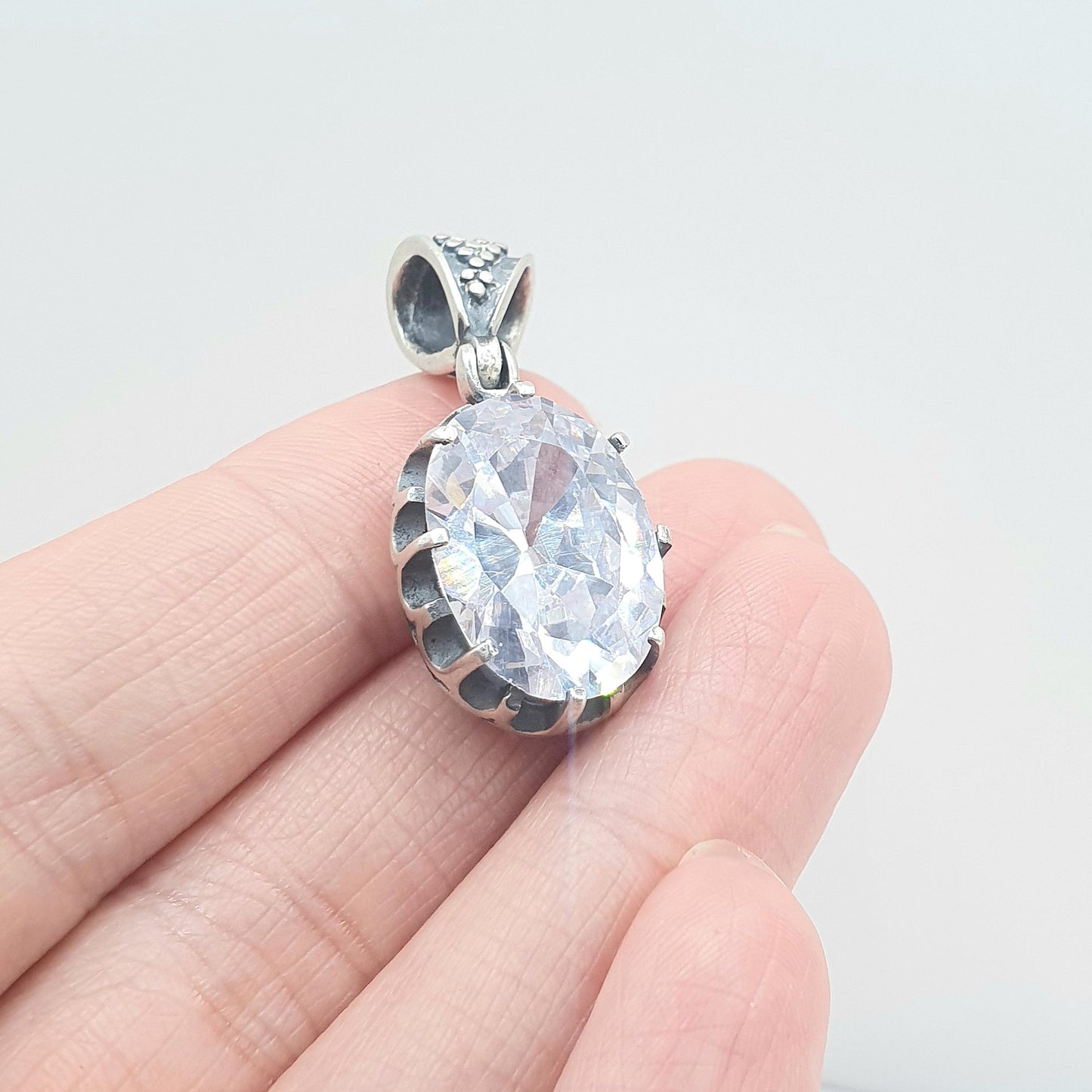 Vintage Solid Silver White Quartz Pendant Large Oval Cut Indian Style Necklace Genuine Real Large Faceted Gemstone Clear Jewelry Jewellery