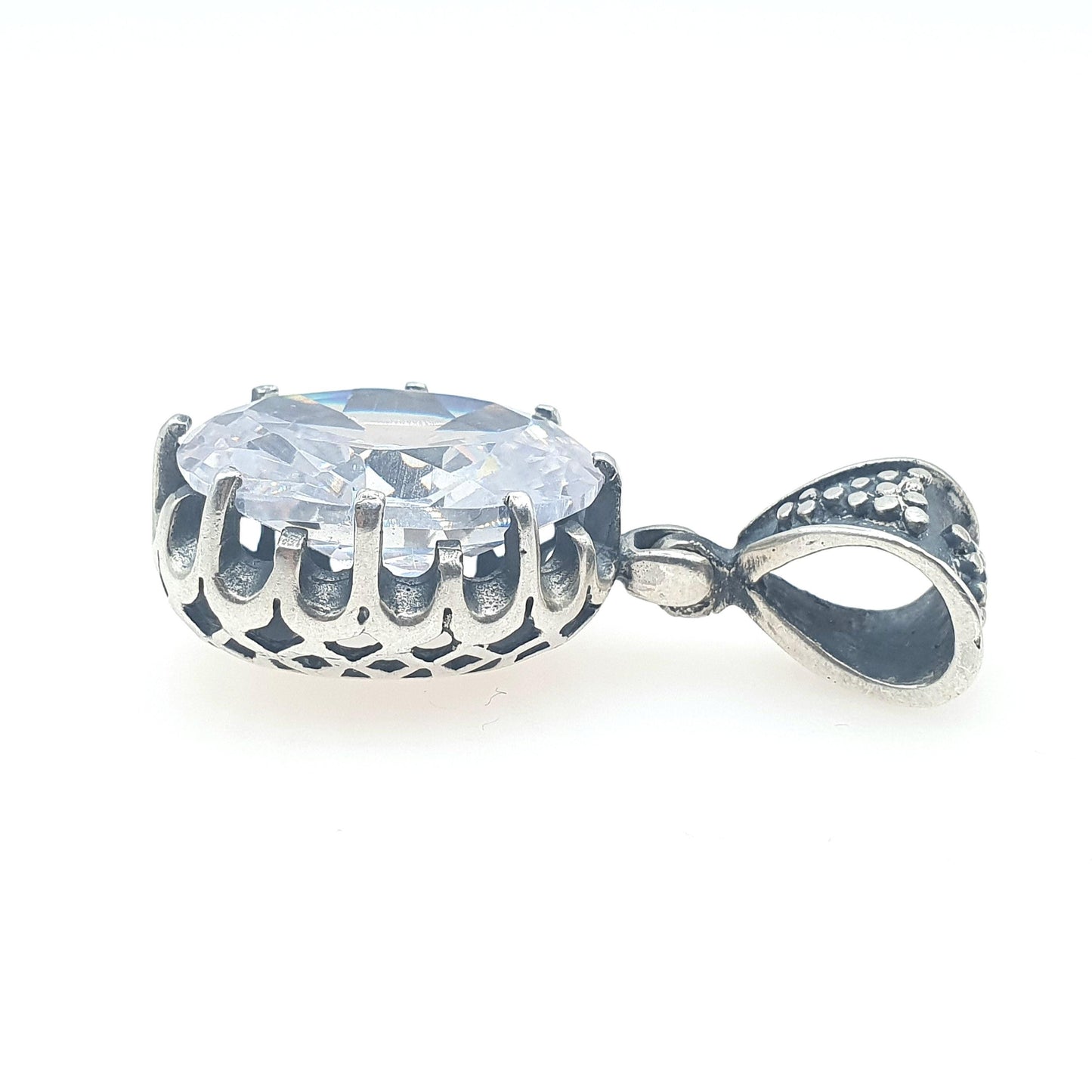 Vintage Solid Silver White Quartz Pendant Large Oval Cut Indian Style Necklace Genuine Real Large Faceted Gemstone Clear Jewelry Jewellery