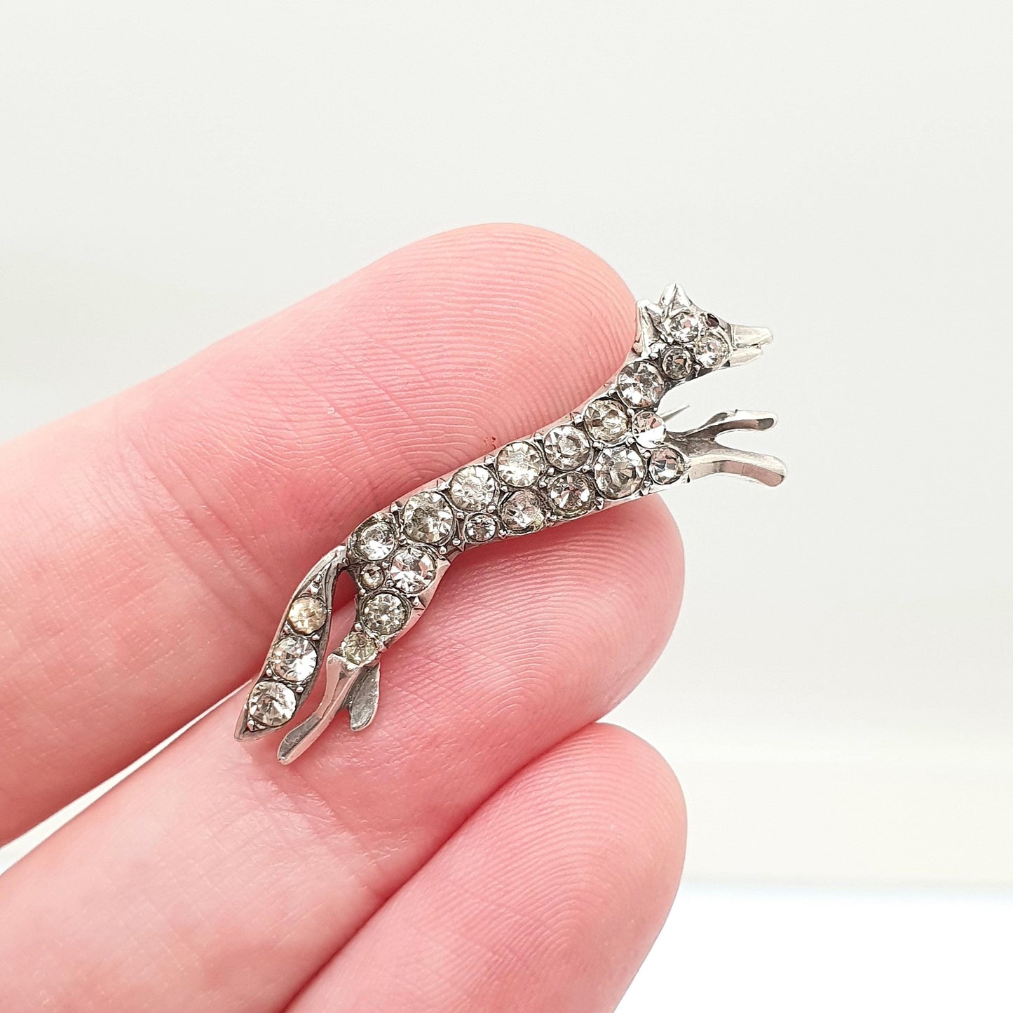 Antique Solid Silver Fox Brooch Diamond Paste Pin Foxes Cunning Good Luck Vintage Animal Jewelry Jewellery