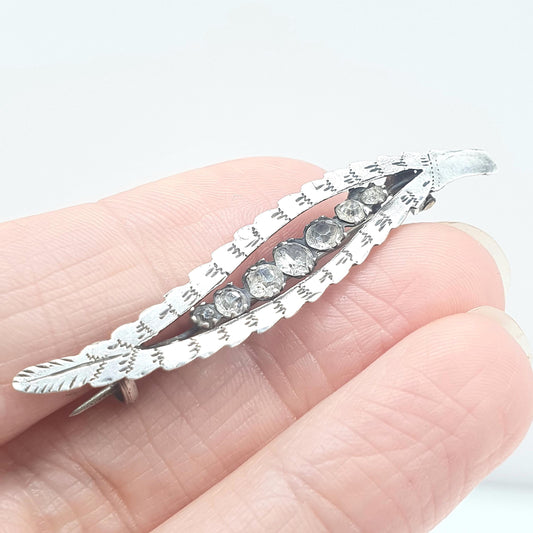 Antique Victorian Solid Silver Fern Leaf Brooch Diamond Paste New Zealand Womens Unisex Jewelry Jewellery