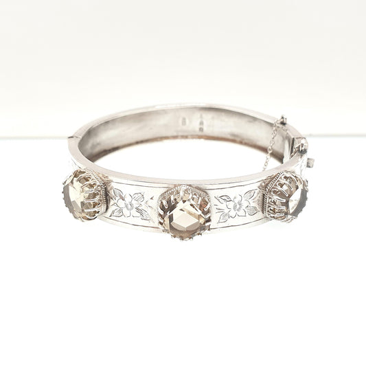 Antique Victorian Sterling Silver Smoky Quartz Snap Bangle Bracelet Hexagon Cut Gemstone Cairngorm 1886 18.67g Hallmarked Vintage