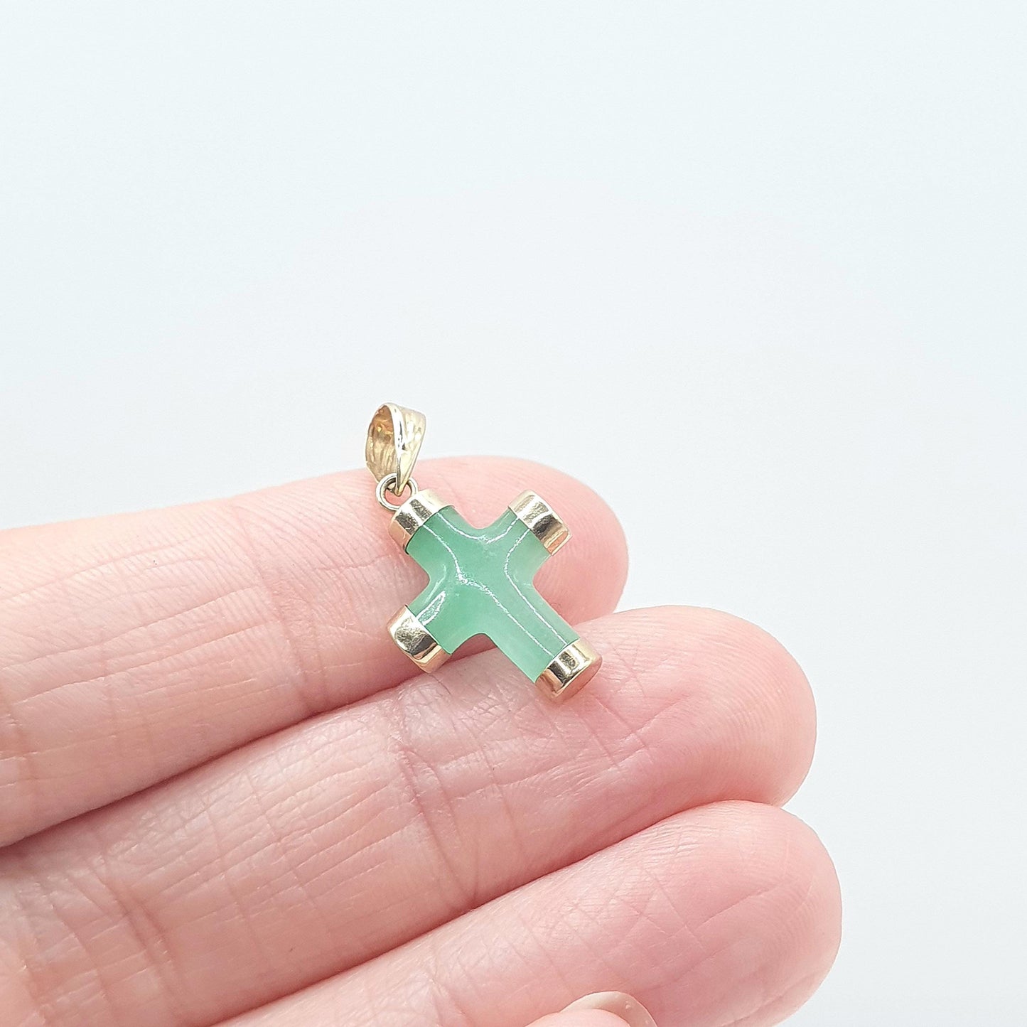 Vintage 9ct Gold Jade Crucifix Pendant Cross Necklace Solid 9k 9kt Small Green Jadeite Charm Women Unisex Jewelry Jewellery