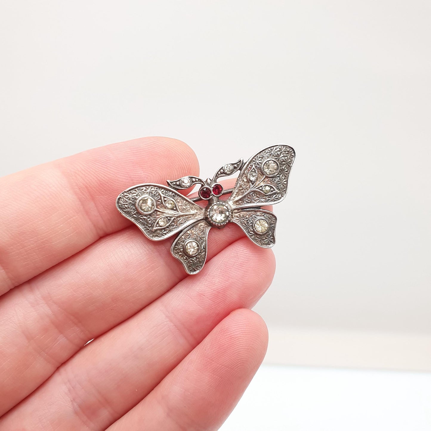 Antique Victorian Solid Silver Butterfly Brooch Diamond Tone & Ruby Tone Paste Eye Insect Bug Handmade 935 Vintage Jewellery Jewelry