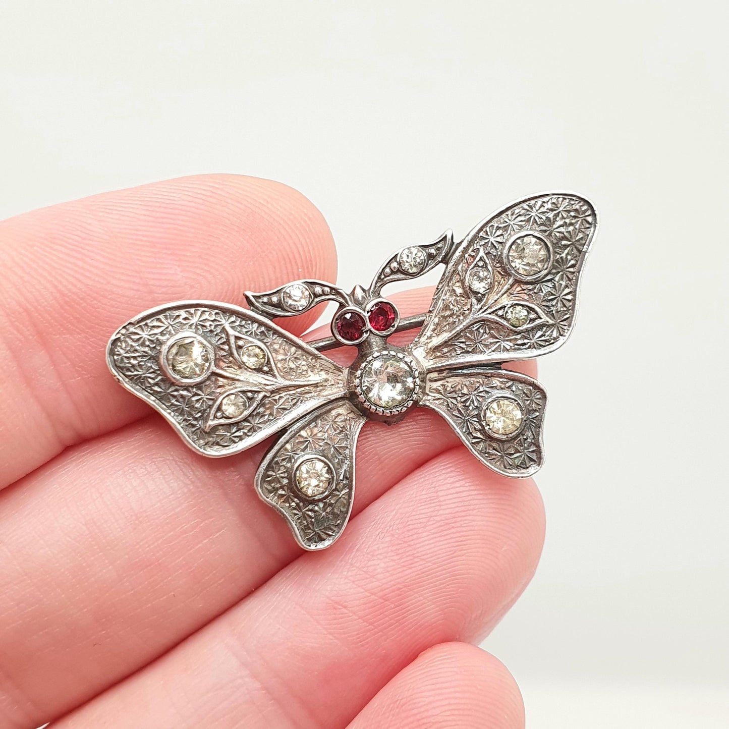 Antique Victorian Solid Silver Butterfly Brooch Diamond Tone & Ruby Tone Paste Eye Insect Bug Handmade 935 Vintage Jewellery Jewelry