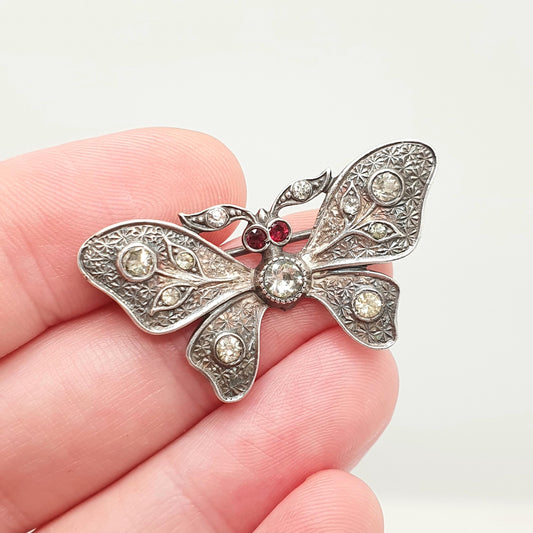 Antique Victorian Solid Silver Butterfly Brooch Diamond Tone & Ruby Tone Paste Eye Insect Bug Handmade 935 Vintage Jewellery Jewelry