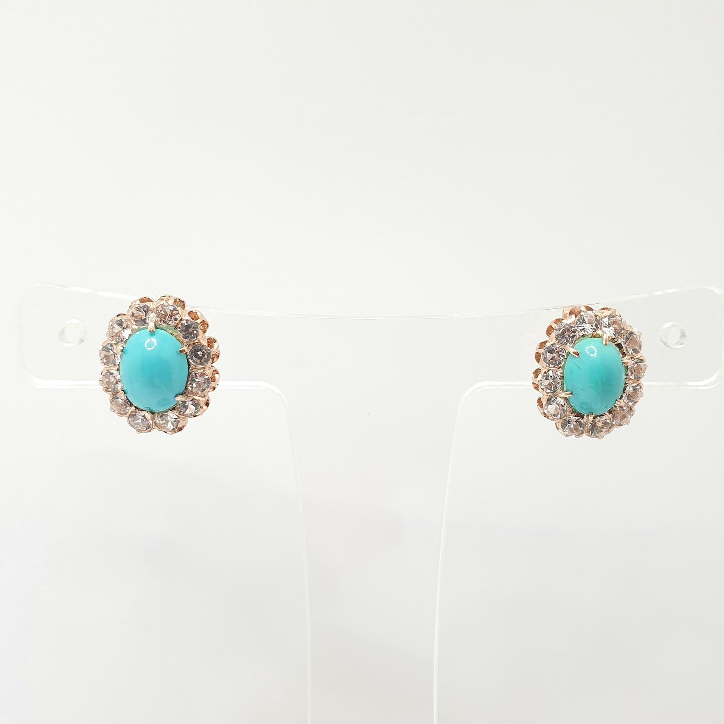 Vintage 10k 10kt Rose Gold Turquoise Earrings White Spinel Cluster Halo Stud Solid 417 Victorian Style Jewelry Womens Jewellery