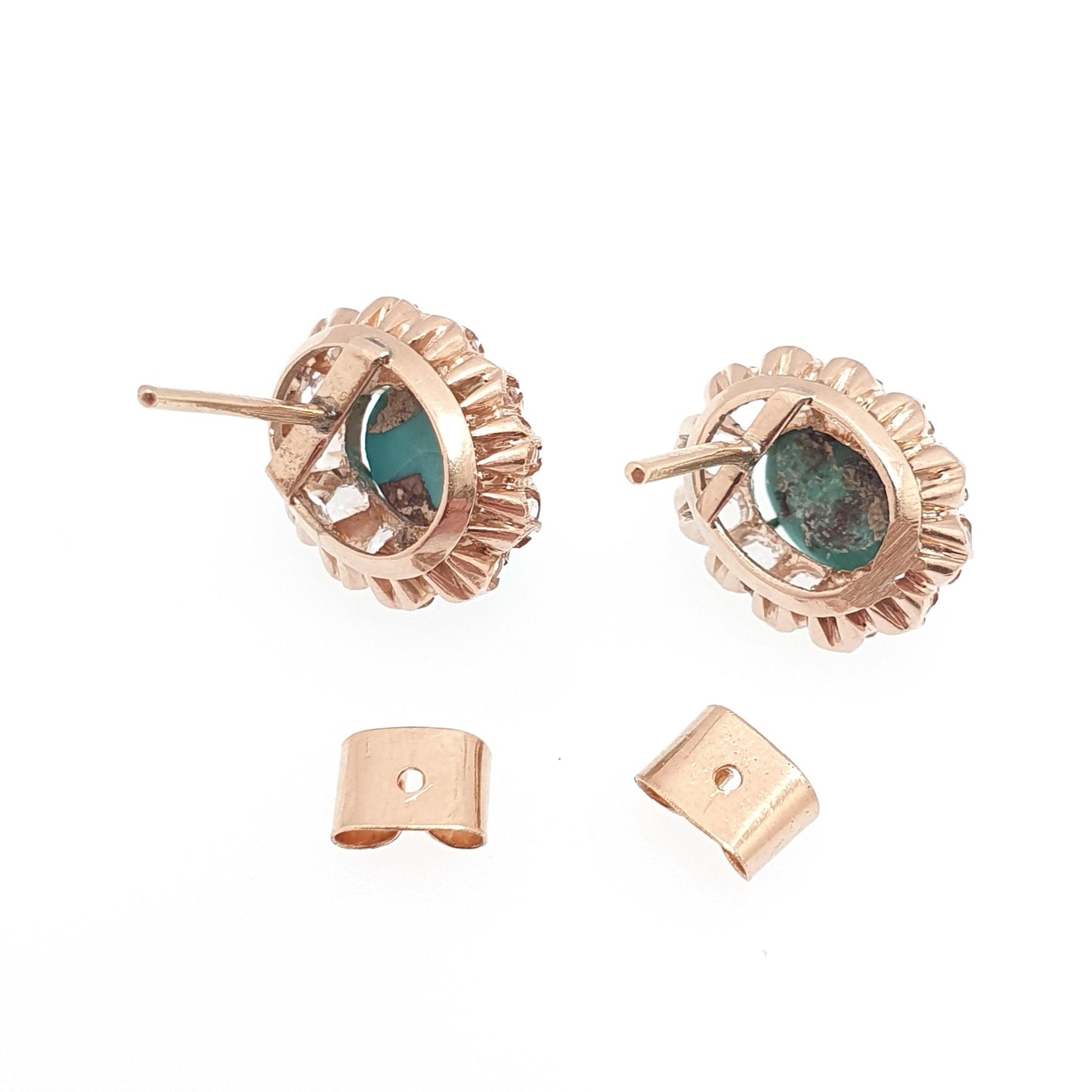 Vintage 10k 10kt Rose Gold Turquoise Earrings White Spinel Cluster Halo Stud Solid 417 Victorian Style Jewelry Womens Jewellery