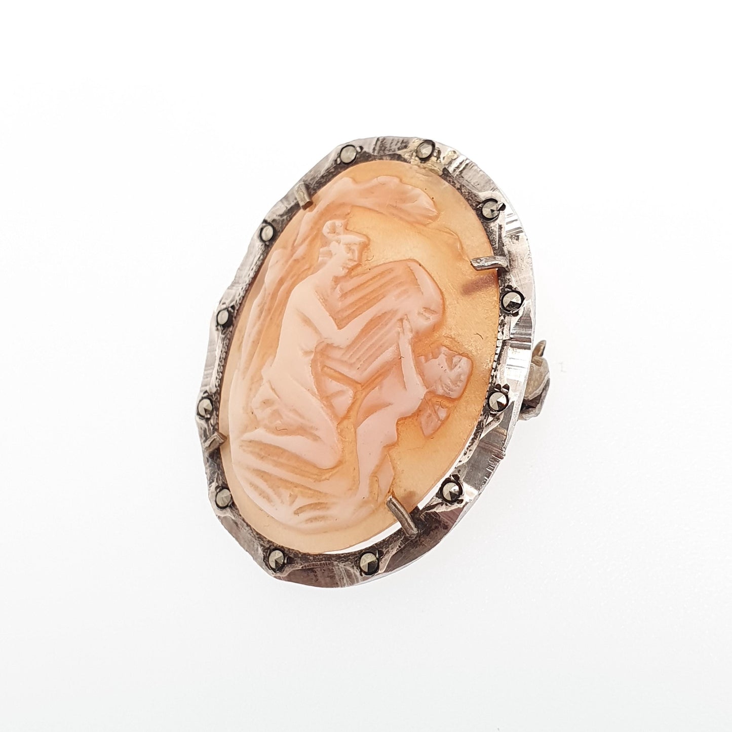 Antique Solid Silver Cherub Lyre Cameo Brooch Pendant Grace Art Deco Shell Hand Carved Necklace Vintage Jewellery Jewelry
