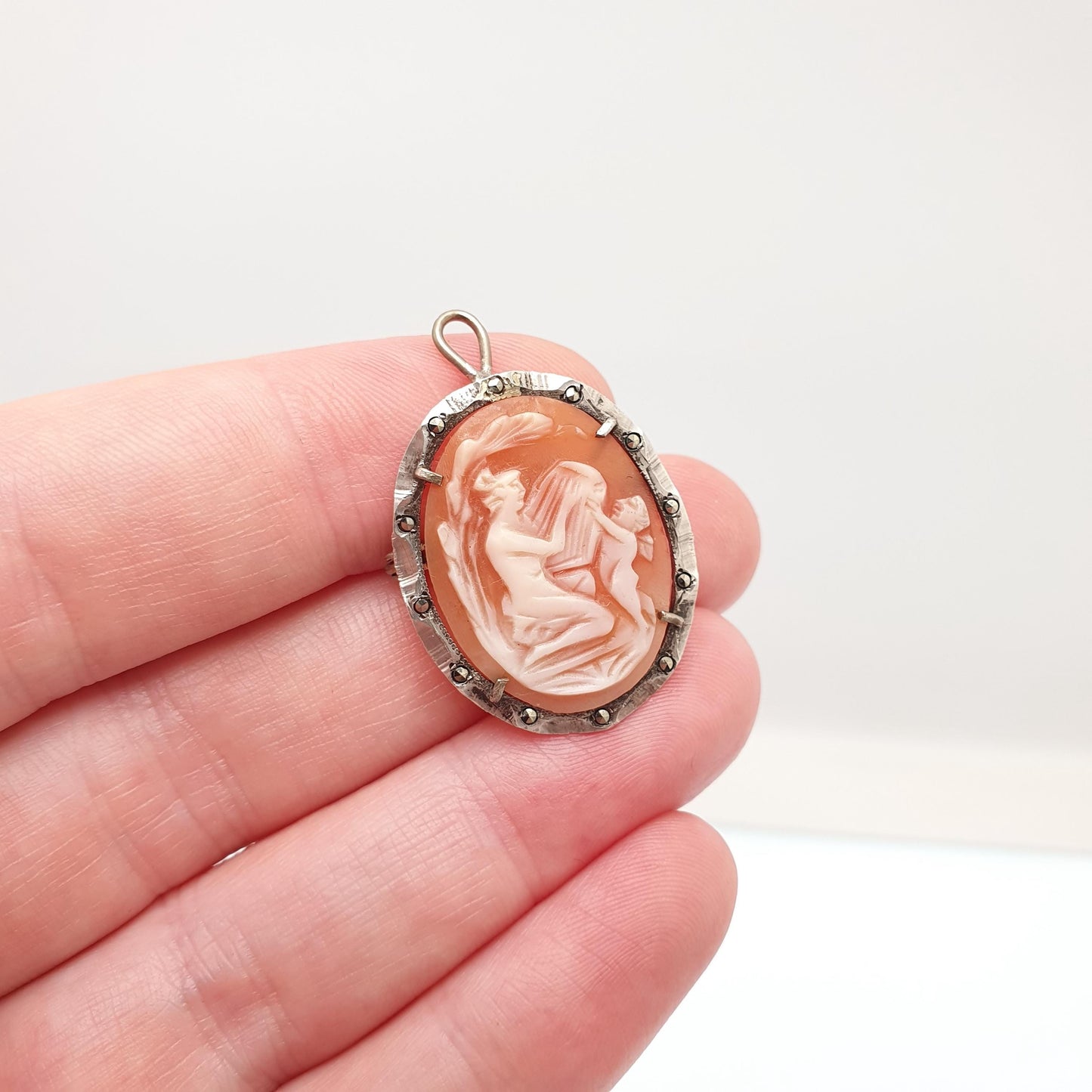 Antique Solid Silver Cherub Lyre Cameo Brooch Pendant Grace Art Deco Shell Hand Carved Necklace Vintage Jewellery Jewelry