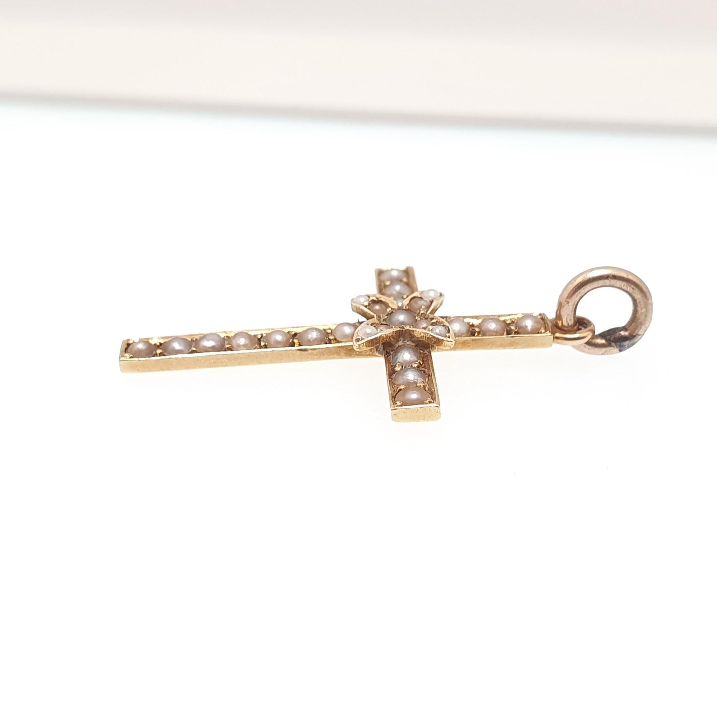 Antique 15ct Gold Crucifix Pendant Victorian Seed Pearl Necklace 15kt 625 Yellow Engraved 1800s Vintage Jewellery Jewelry