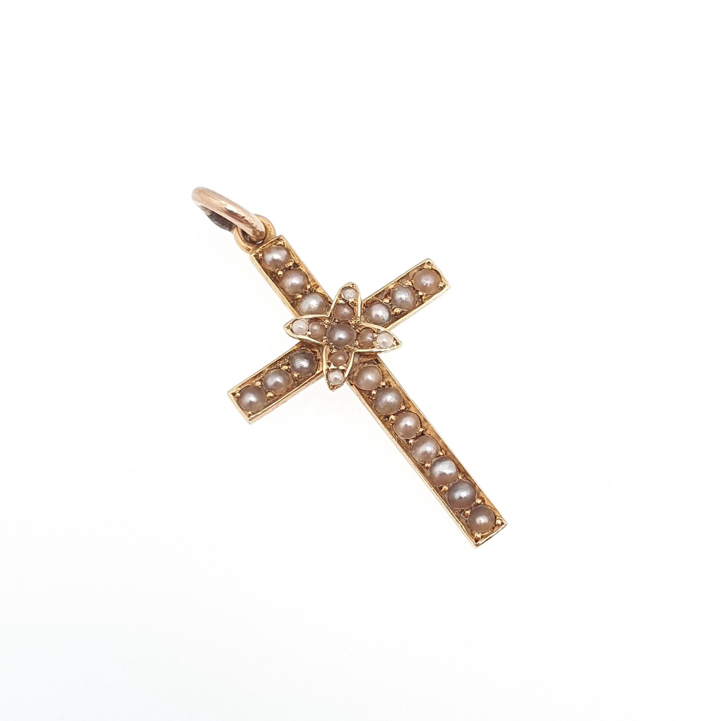 Antique 15ct Gold Crucifix Pendant Victorian Seed Pearl Necklace 15kt 625 Yellow Engraved 1800s Vintage Jewellery Jewelry