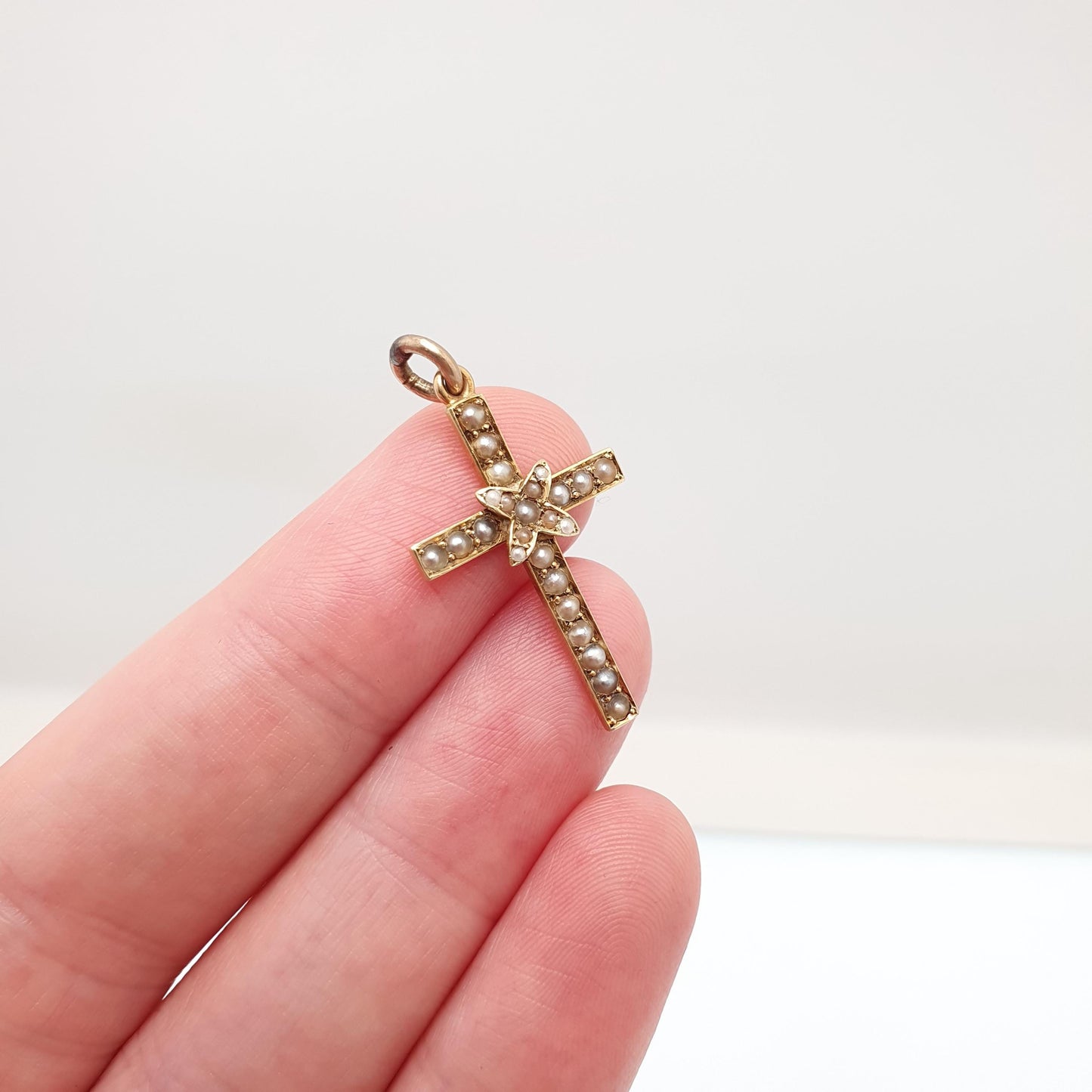 Antique 15ct Gold Crucifix Pendant Victorian Seed Pearl Necklace 15kt 625 Yellow Engraved 1800s Vintage Jewellery Jewelry