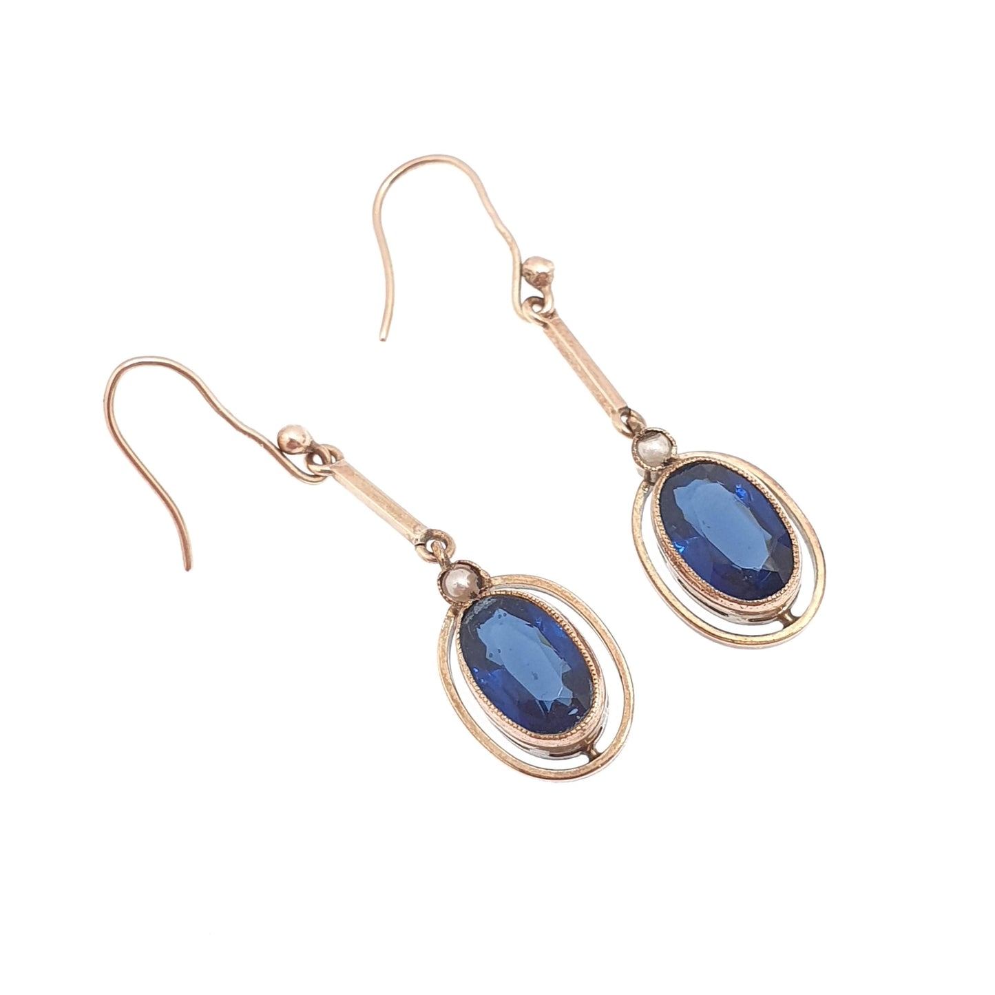 Antique Rolled Gold Sapphire Paste Earrings Seed Pearl Rose Gold Filled Oval Cut Genuine Edwardian 9ct Gold Hooks Vintage Jewellery Jewelry