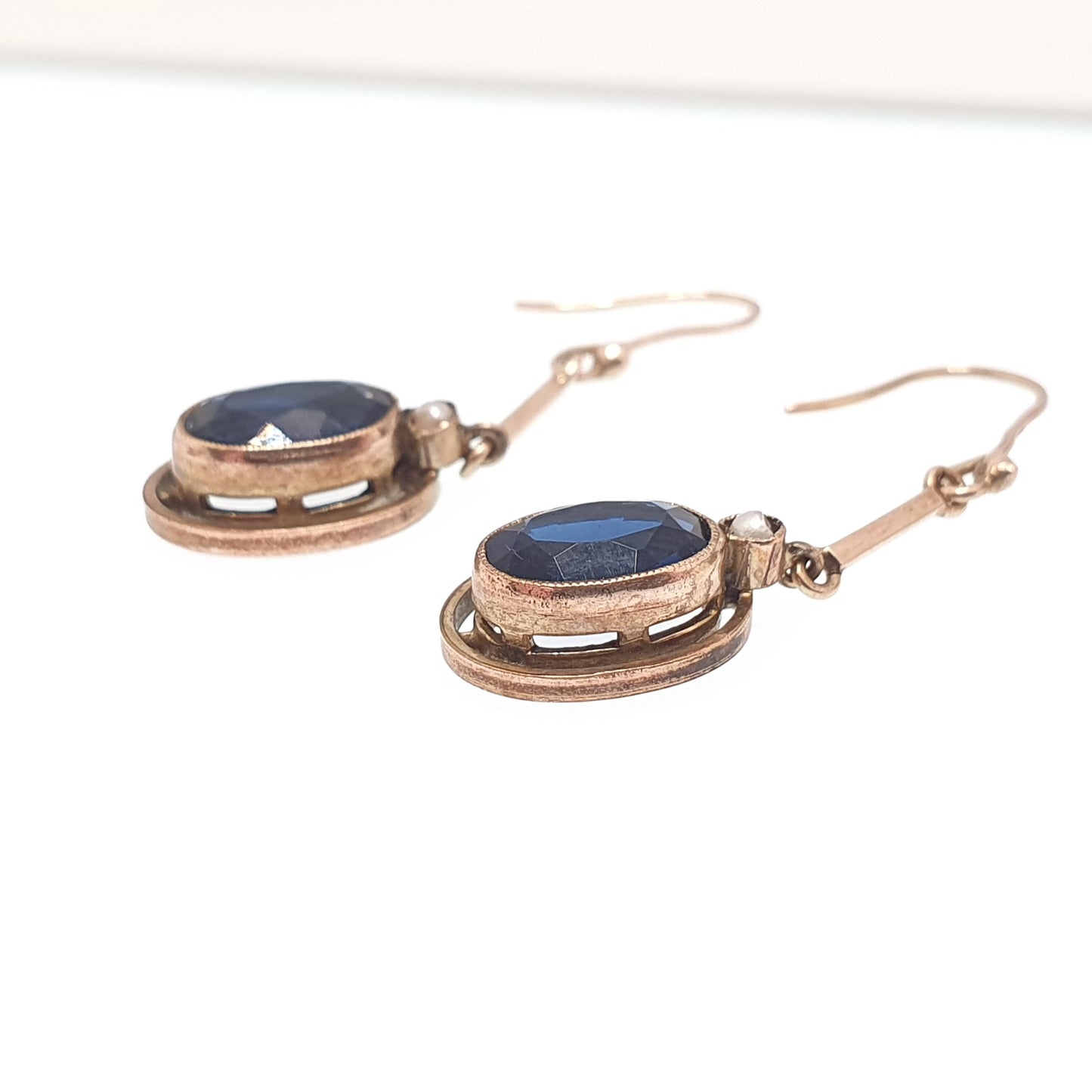 Antique Rolled Gold Sapphire Paste Earrings Seed Pearl Rose Gold Filled Oval Cut Genuine Edwardian 9ct Gold Hooks Vintage Jewellery Jewelry