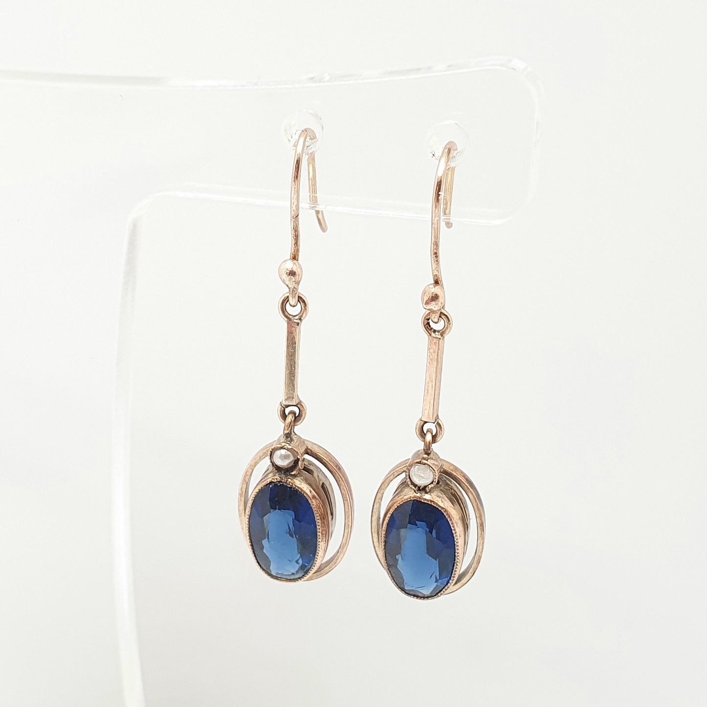 Antique Rolled Gold Sapphire Paste Earrings Seed Pearl Rose Gold Filled Oval Cut Genuine Edwardian 9ct Gold Hooks Vintage Jewellery Jewelry