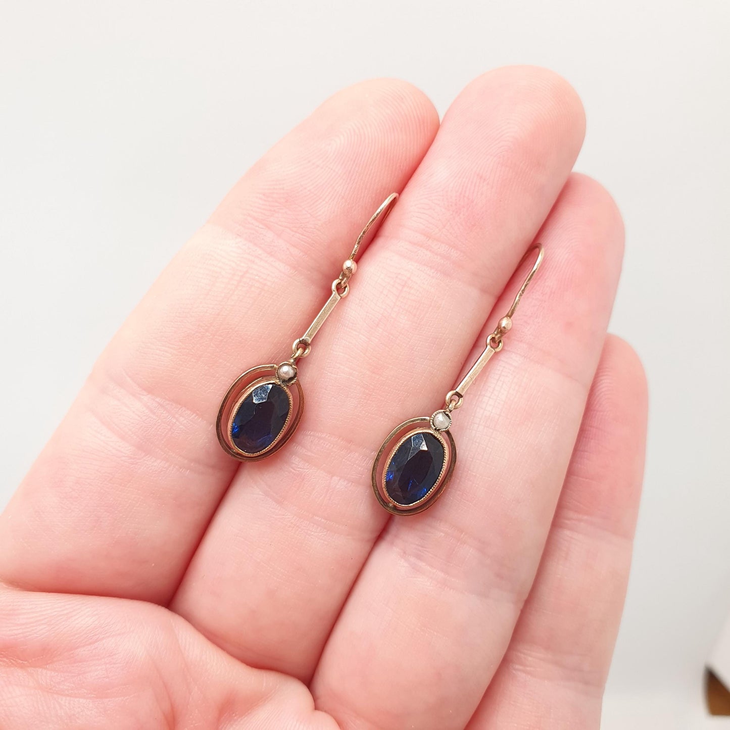 Antique Rolled Gold Sapphire Paste Earrings Seed Pearl Rose Gold Filled Oval Cut Genuine Edwardian 9ct Gold Hooks Vintage Jewellery Jewelry