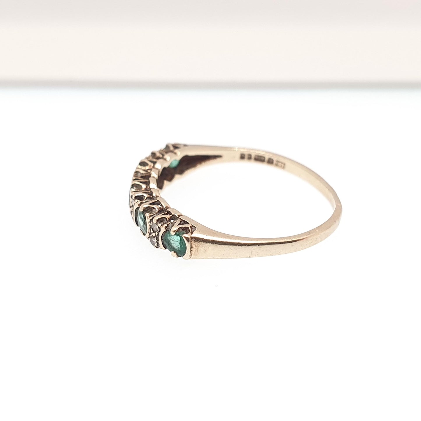 Vintage 9k Gold Emerald Diamond Ring Half Eternity Solid 9ct 375 Genuine Gemstone Jewelry Jewellery Womens