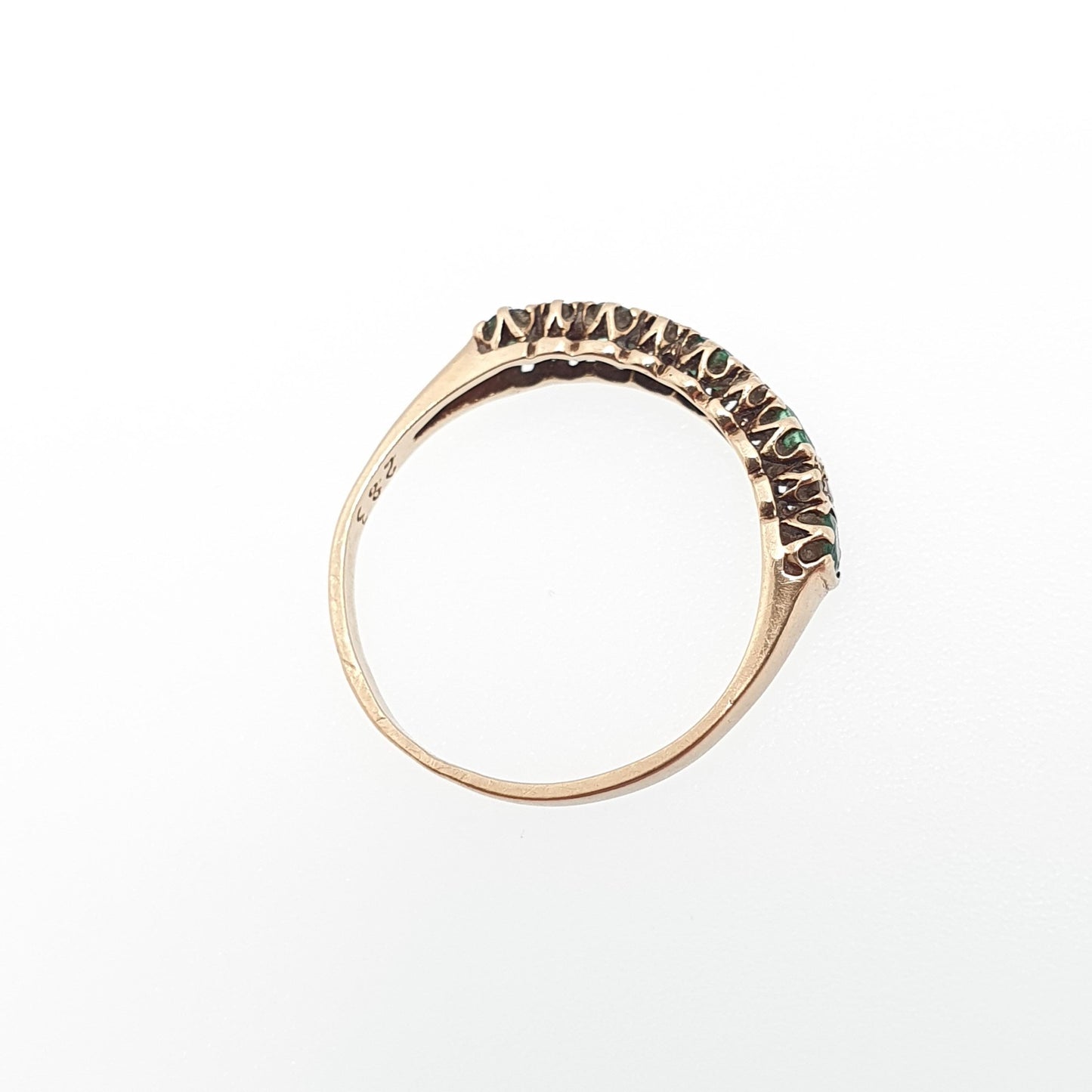 Vintage 9k Gold Emerald Diamond Ring Half Eternity Solid 9ct 375 Genuine Gemstone Jewelry Jewellery Womens