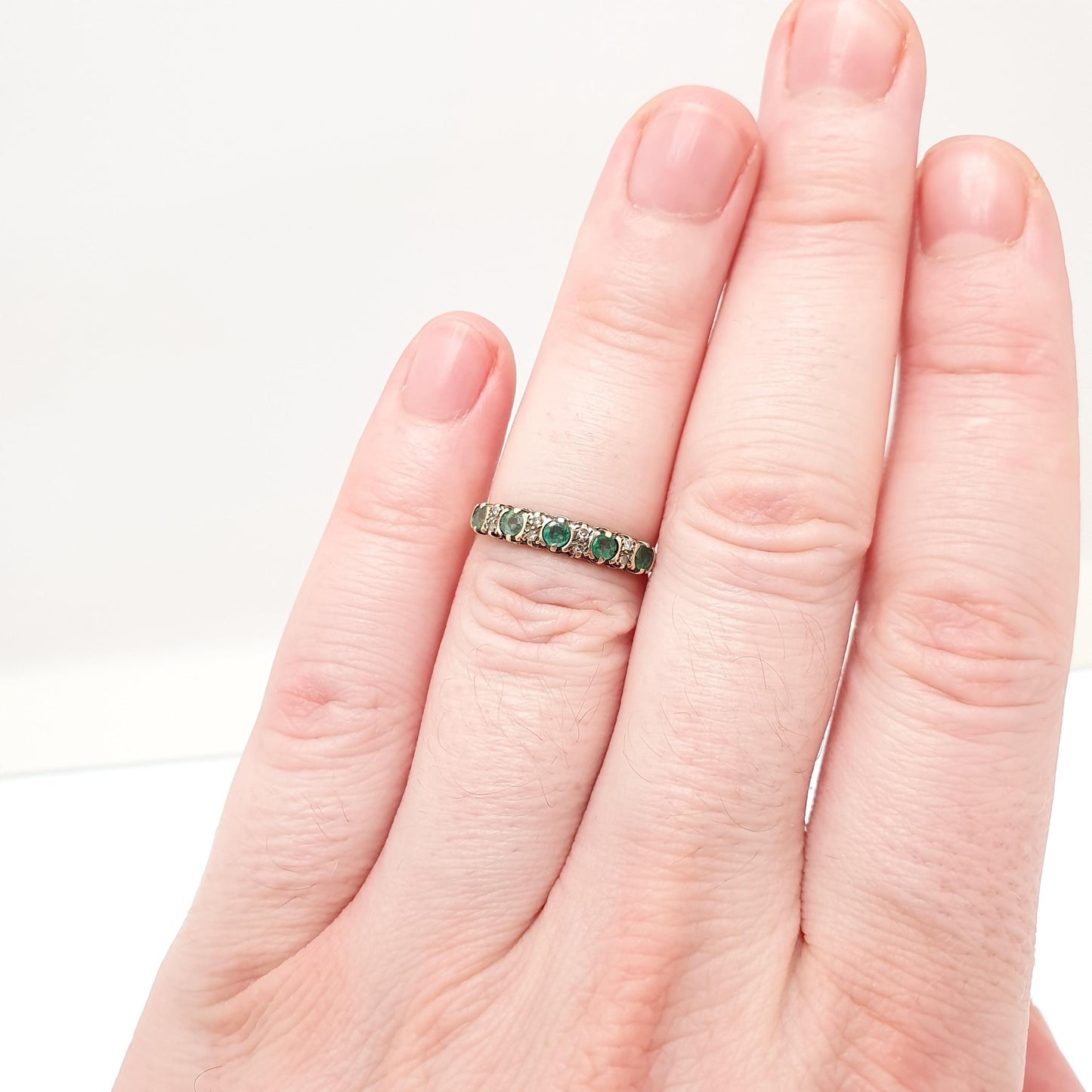 Vintage 9k Gold Emerald Diamond Ring Half Eternity Solid 9ct 375 Genuine Gemstone Jewelry Jewellery Womens