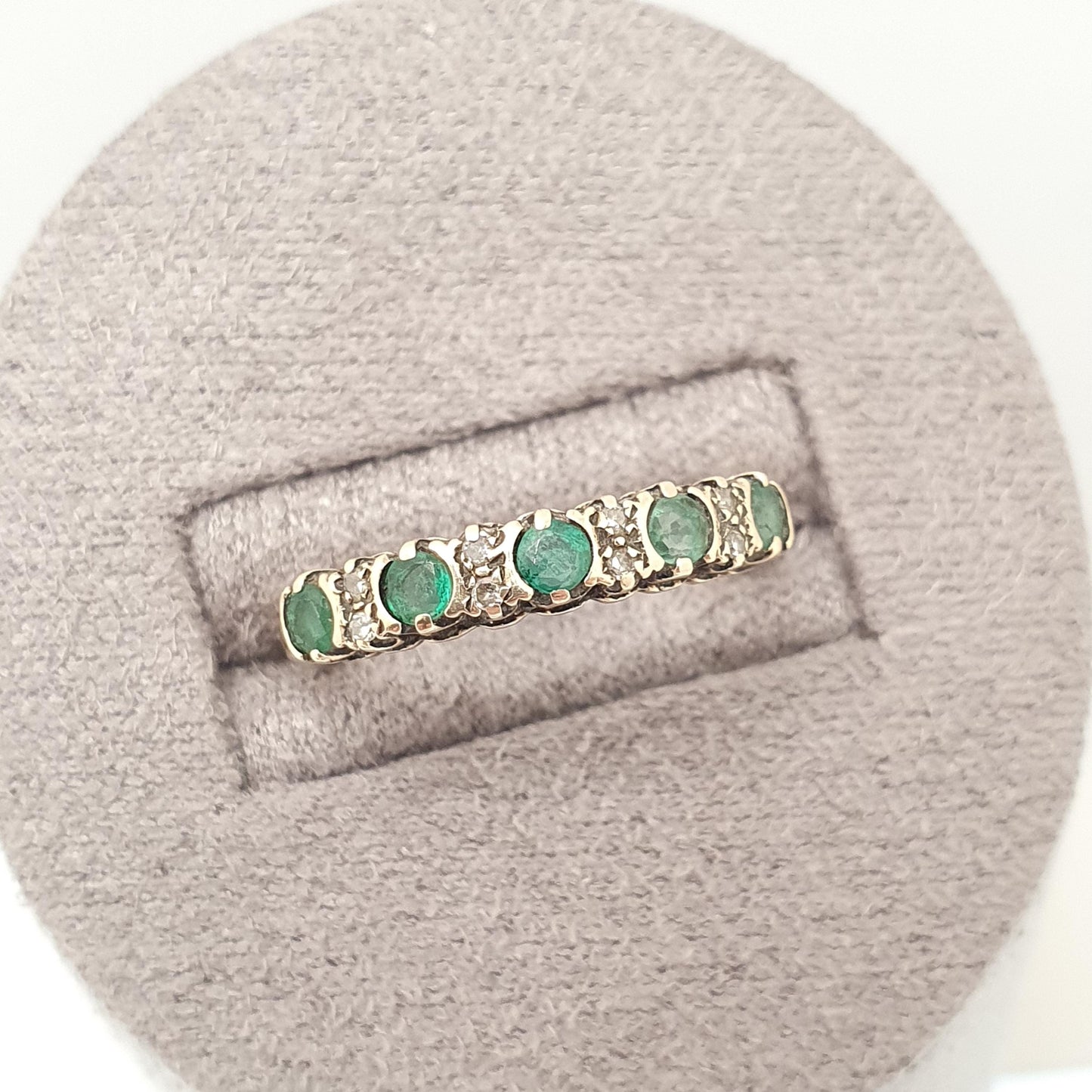 Vintage 9k Gold Emerald Diamond Ring Half Eternity Solid 9ct 375 Genuine Gemstone Jewelry Jewellery Womens