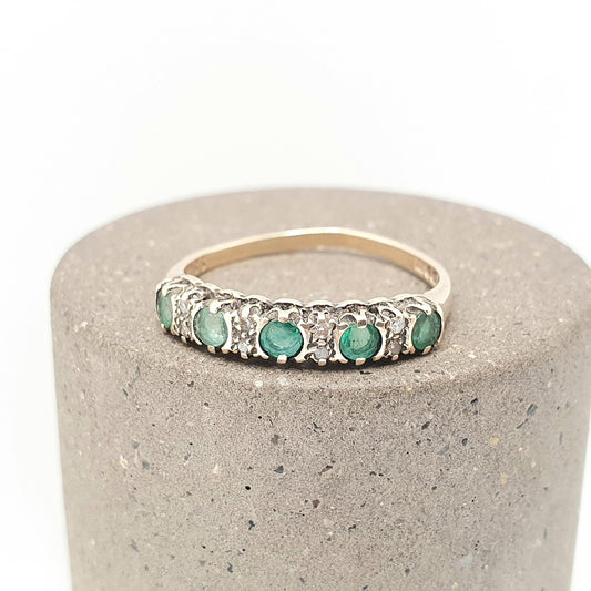 Vintage 9k Gold Emerald Diamond Ring Half Eternity Solid 9ct 375 Genuine Gemstone Jewelry Jewellery Womens