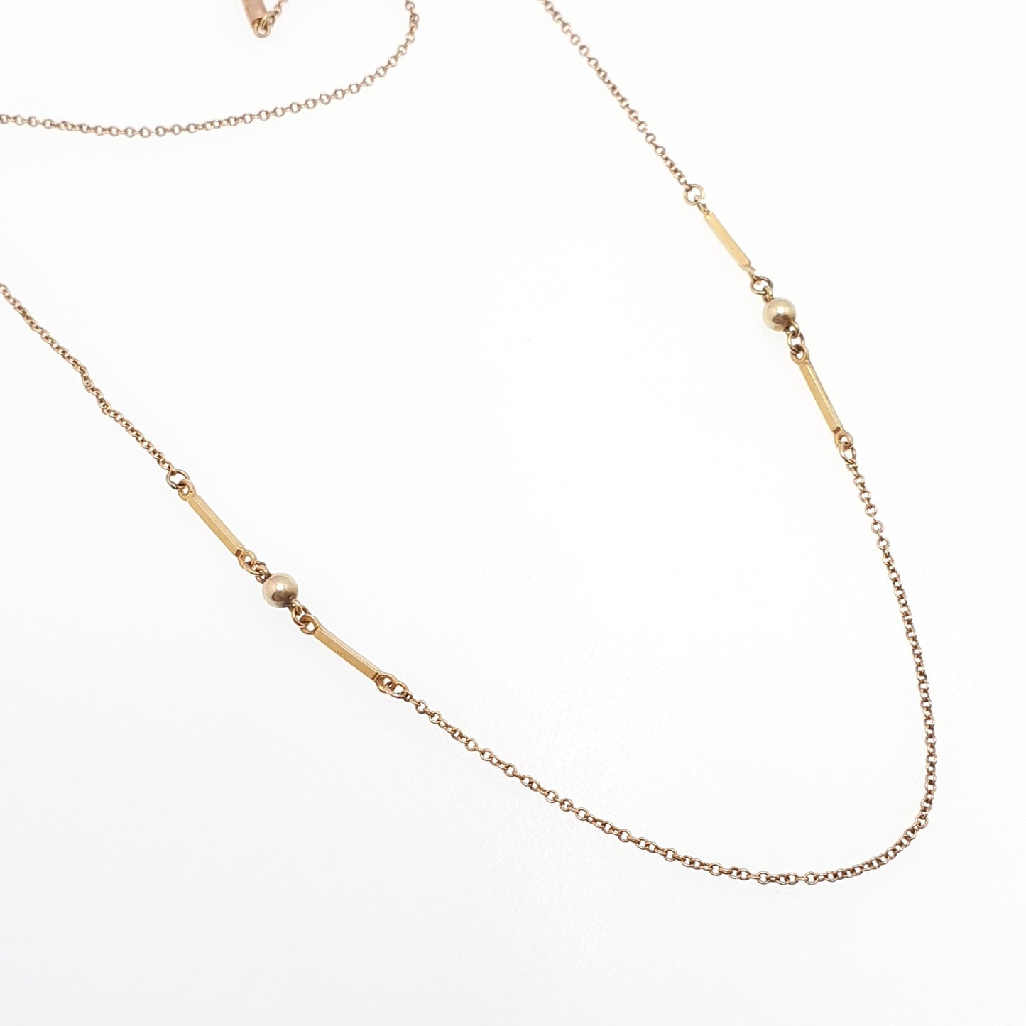 Antique 9ct 9k Gold Chain Necklace Bar & Bead Ball Edwardian 1900s 43cm 16.9" 2.30g Solid 9kt Vintage Jewelry