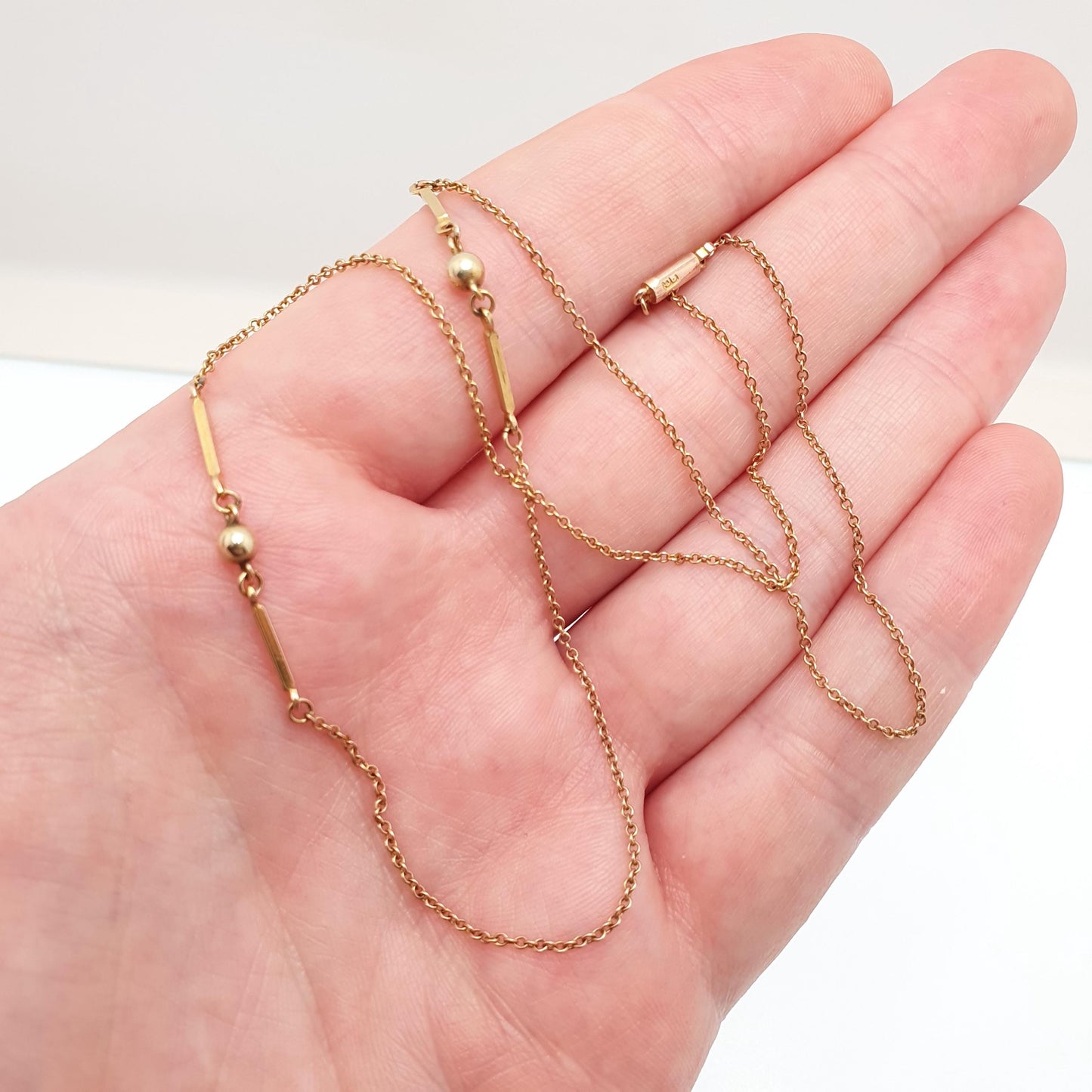Antique 9ct 9k Gold Chain Necklace Bar & Bead Ball Edwardian 1900s 43cm 16.9" 2.30g Solid 9kt Vintage Jewelry