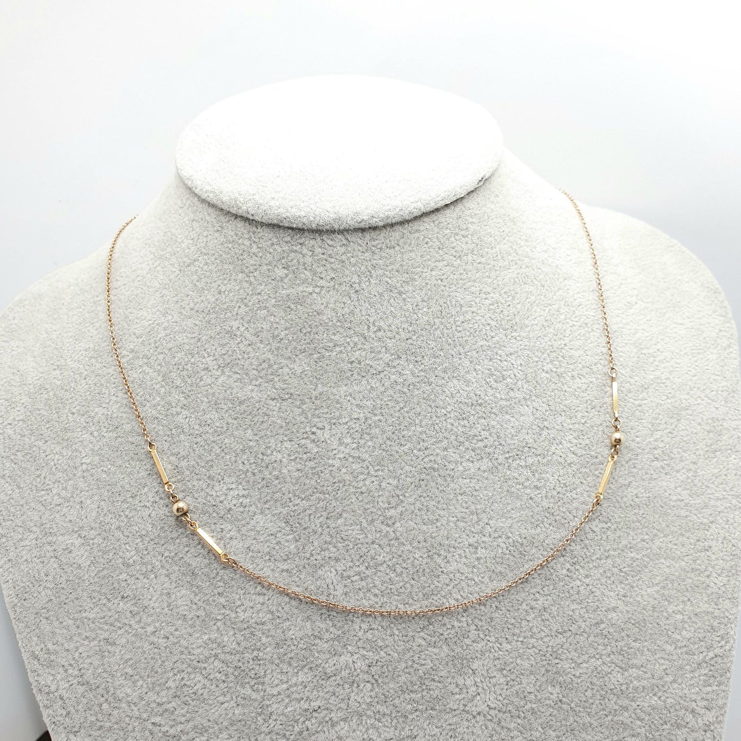 Antique 9ct 9k Gold Chain Necklace Bar & Bead Ball Edwardian 1900s 43cm 16.9" 2.30g Solid 9kt Vintage Jewelry