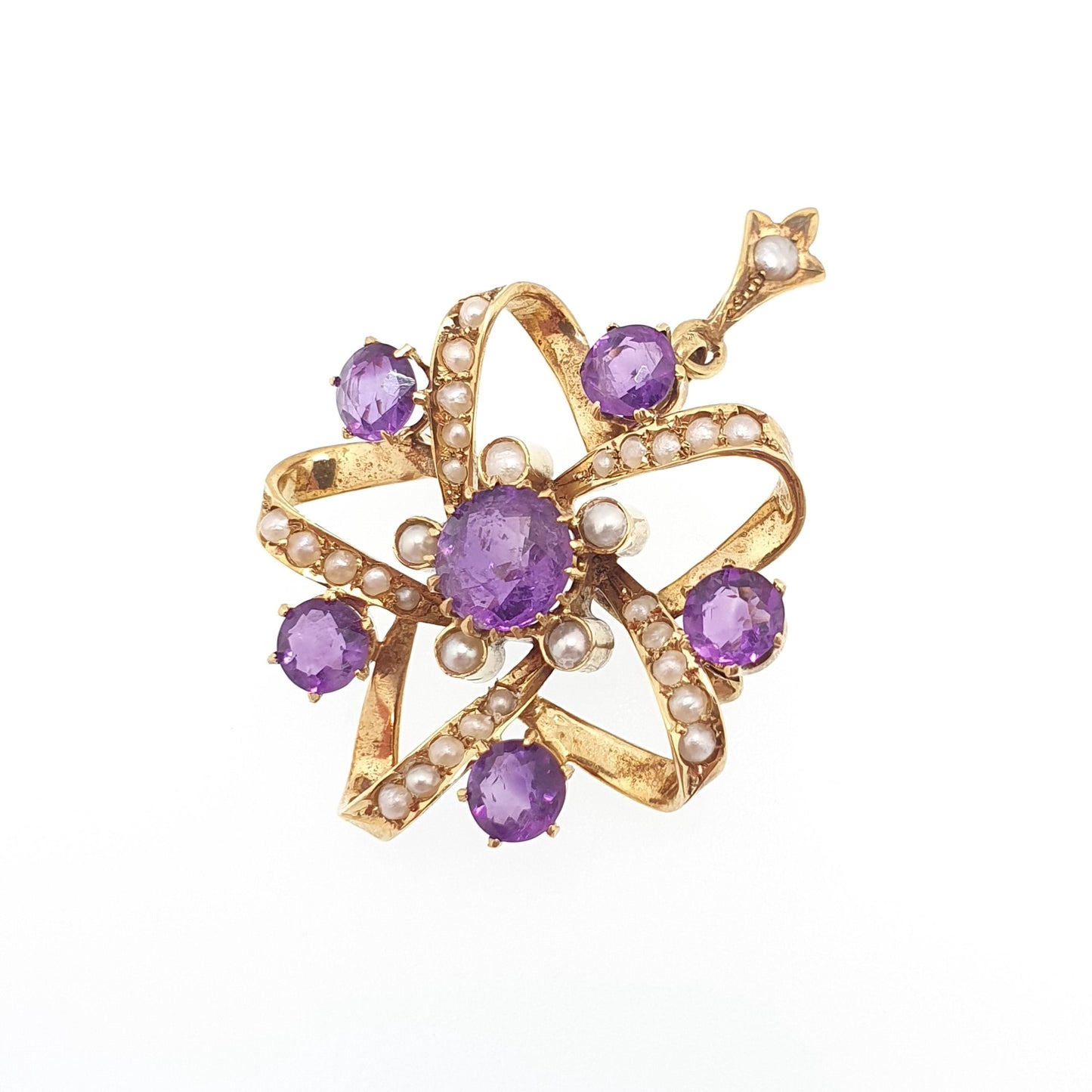 Antique 9ct Gold Amethyst Pendant Star Shape Necklace Brooch Seed Pearl Edwardian Solid 9k 9kt Vintage Jewellery Jewelry