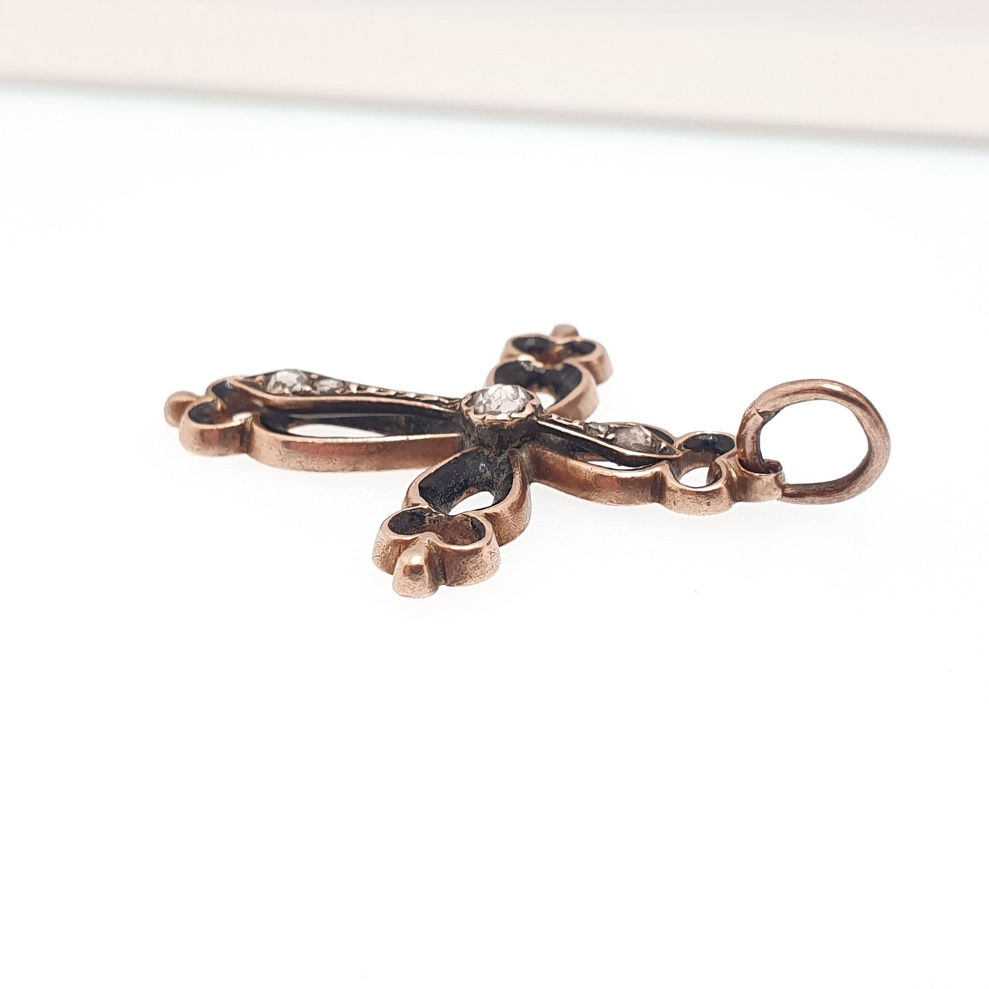 Antique Victorian 9ct Gold Diamond Crucifix Necklace Cross Pendant Solid Rose 9k 9kt Black Enamel Mourning Vintage Jewellery Jewelry