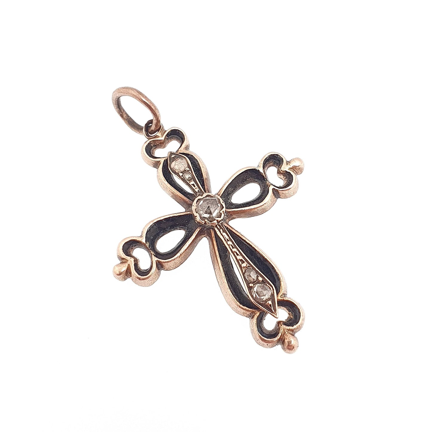 Antique Victorian 9ct Gold Diamond Crucifix Necklace Cross Pendant Solid Rose 9k 9kt Black Enamel Mourning Vintage Jewellery Jewelry