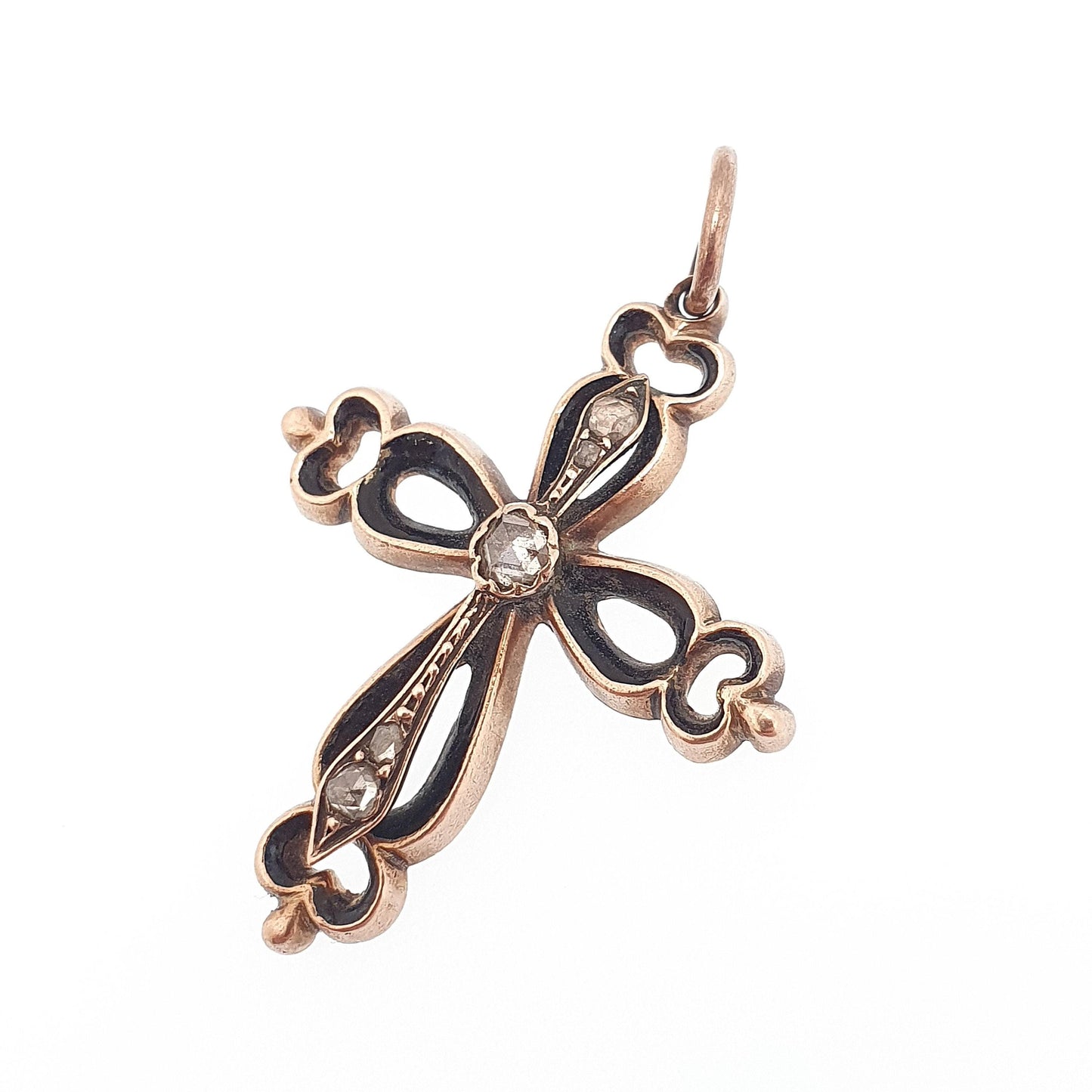 Antique Victorian 9ct Gold Diamond Crucifix Necklace Cross Pendant Solid Rose 9k 9kt Black Enamel Mourning Vintage Jewellery Jewelry