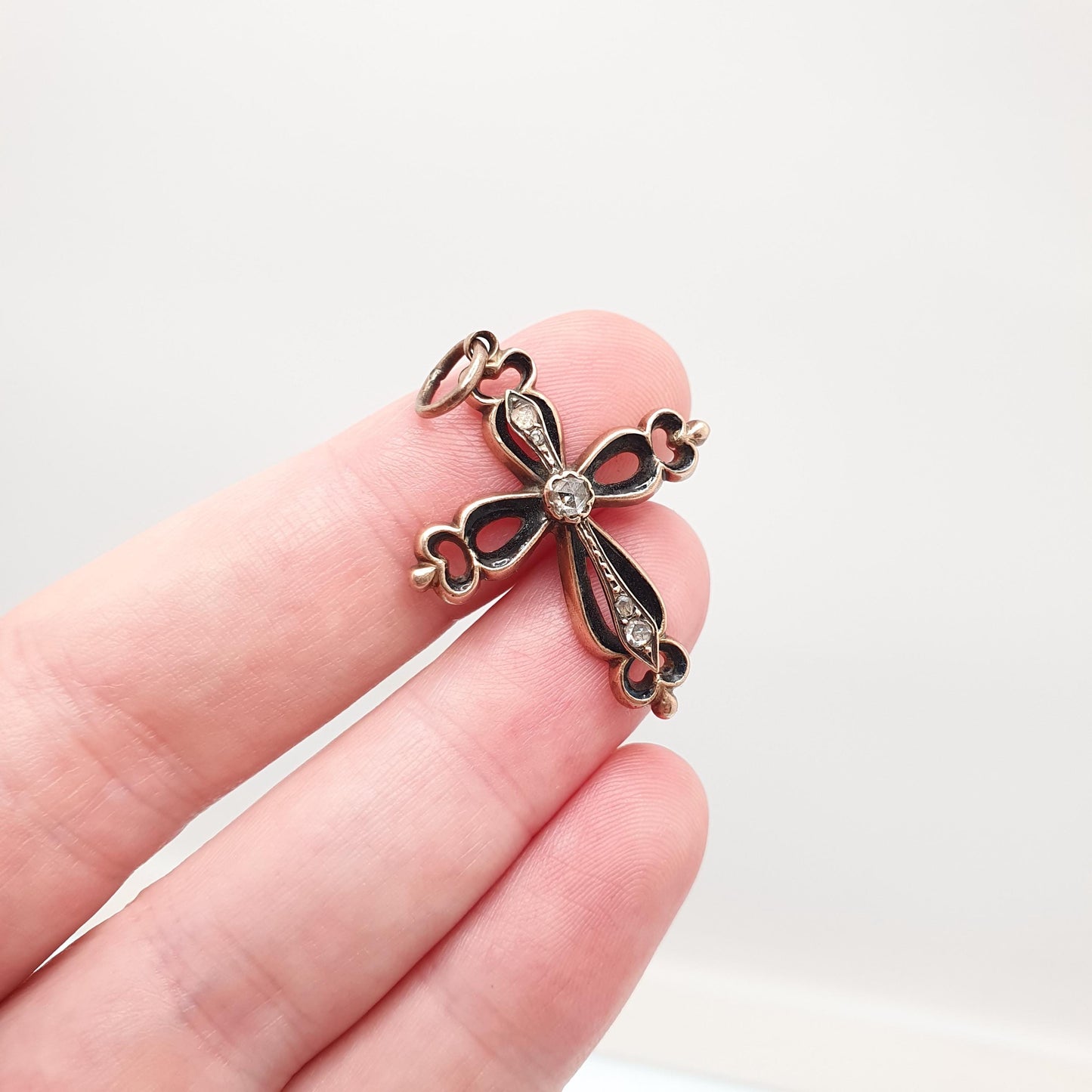 Antique Victorian 9ct Gold Diamond Crucifix Necklace Cross Pendant Solid Rose 9k 9kt Black Enamel Mourning Vintage Jewellery Jewelry