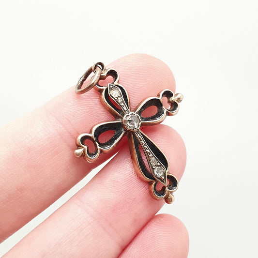 Antique Victorian 9ct Gold Diamond Crucifix Necklace Cross Pendant Solid Rose 9k 9kt Black Enamel Mourning Vintage Jewellery Jewelry