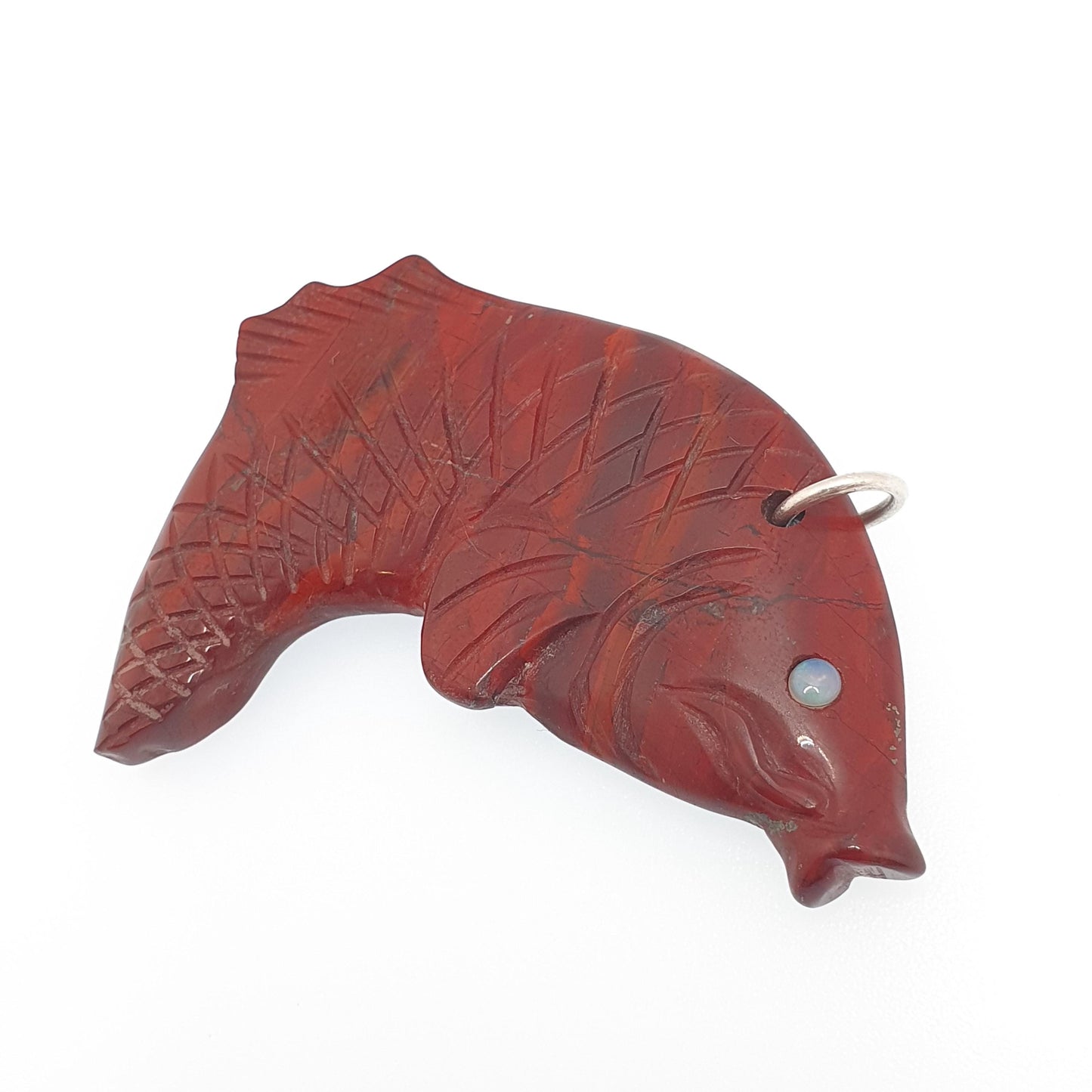 Vintage Red Jasper Koi Carp Fish Pendant Opal Eyes Necklace Chinese Gemstone Handmade Sea Animal Mens Womens Jewelry Jewellery