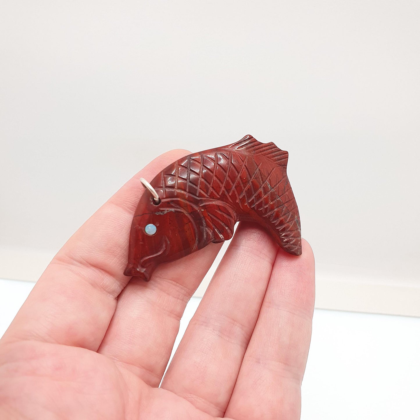 Vintage Red Jasper Koi Carp Fish Pendant Opal Eyes Necklace Chinese Gemstone Handmade Sea Animal Mens Womens Jewelry Jewellery